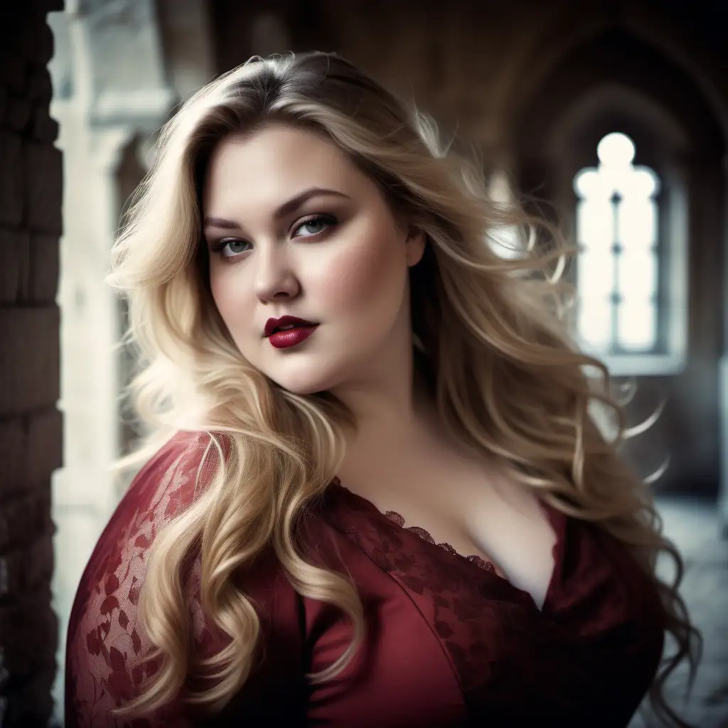beautiful, sensual, classy elegant plus size model portrait with dirty blond hair, wearing deep red, slight smile, soft light from left,  long hair is flowing as in the wind, photoshoot inside a winter castle in France, inside the rooms in the castle, antique background
