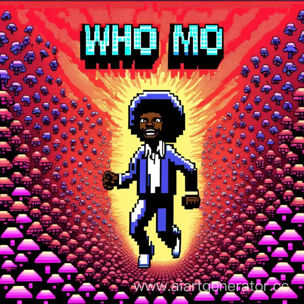 8 бит, психоделика, диско, ЛСД, грибы, кровь, черный человечек бежит с надписью над головой "Who I'm?"