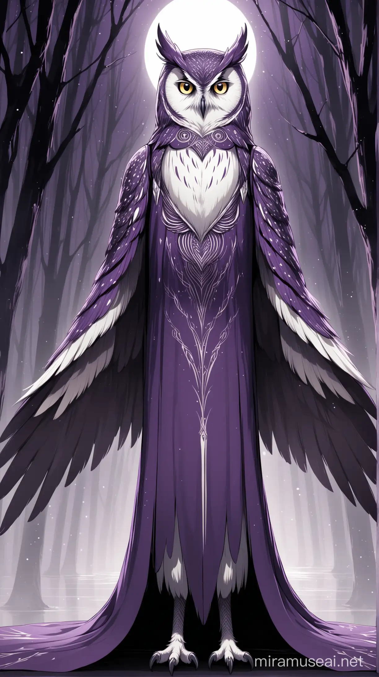 Slender anthropomorphic owl, with white features, wearing opulent purple and grey robes 