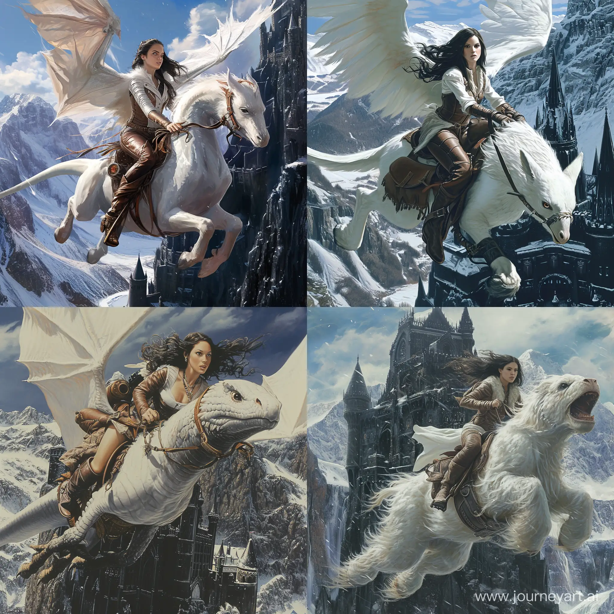 White young woman, lether clothes, dark hair,  riding a very very very very very very big.  Flying over a black castle
Big snowy mountains in the background