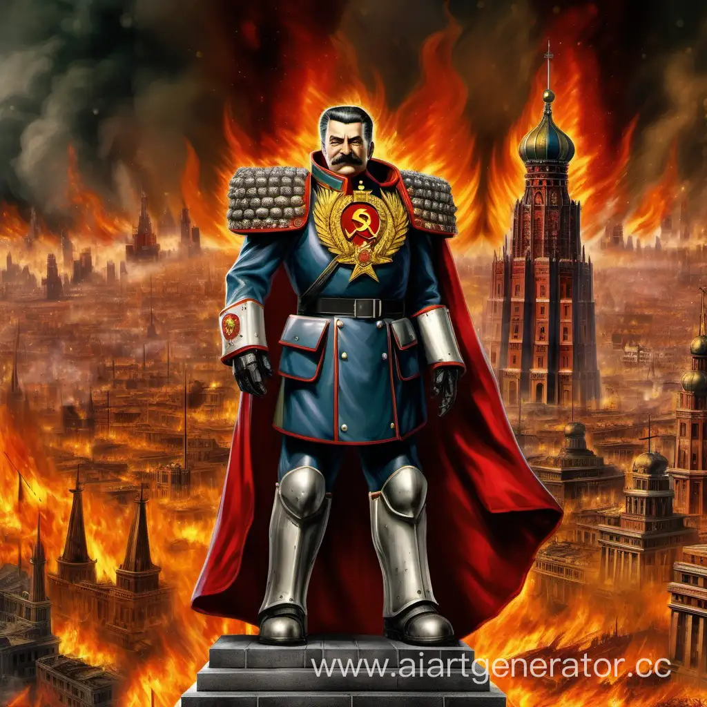 Сталин император на фоне герба СССР
и горящего города
 в броне императора из вселенной warhammer 40000