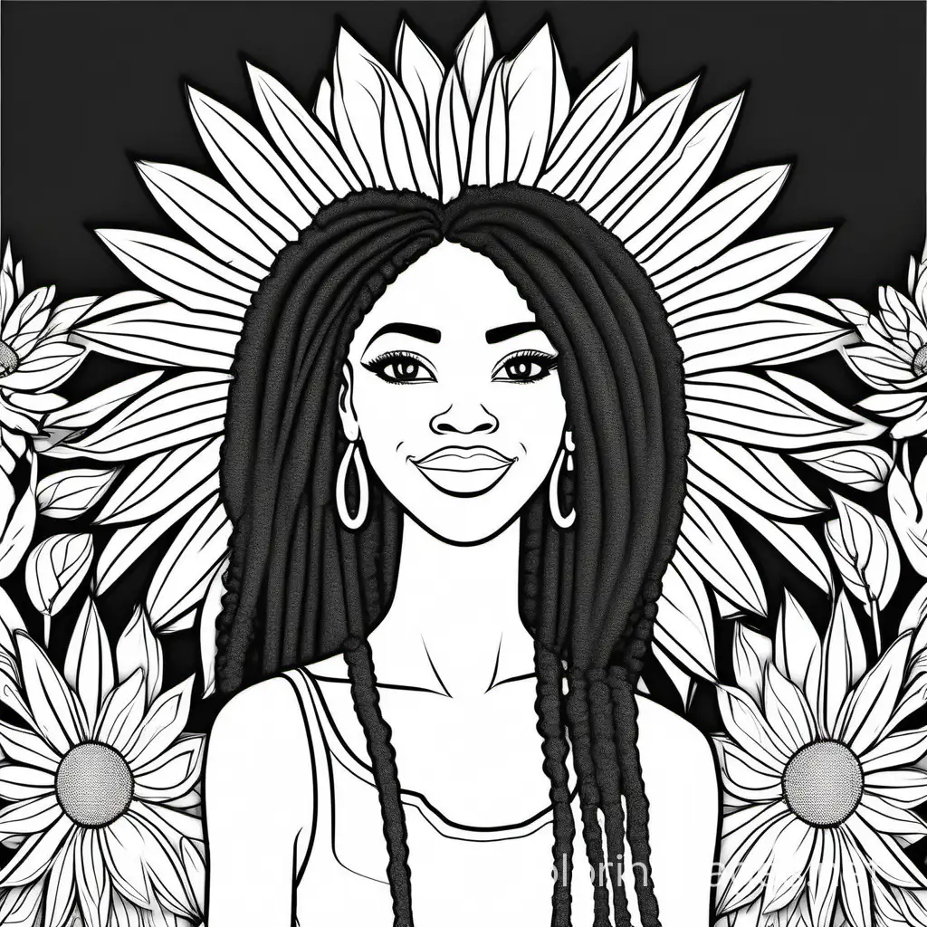 black women with  sun flowers  in her hair, Coloring Page, black and white, line art, white background, Simplicity, Ample White Space. The background of the coloring page is plain white to make it easy for young children to color within the lines. The outlines of all the subjects are easy to distinguish, making it simple for kids to color without too much difficulty