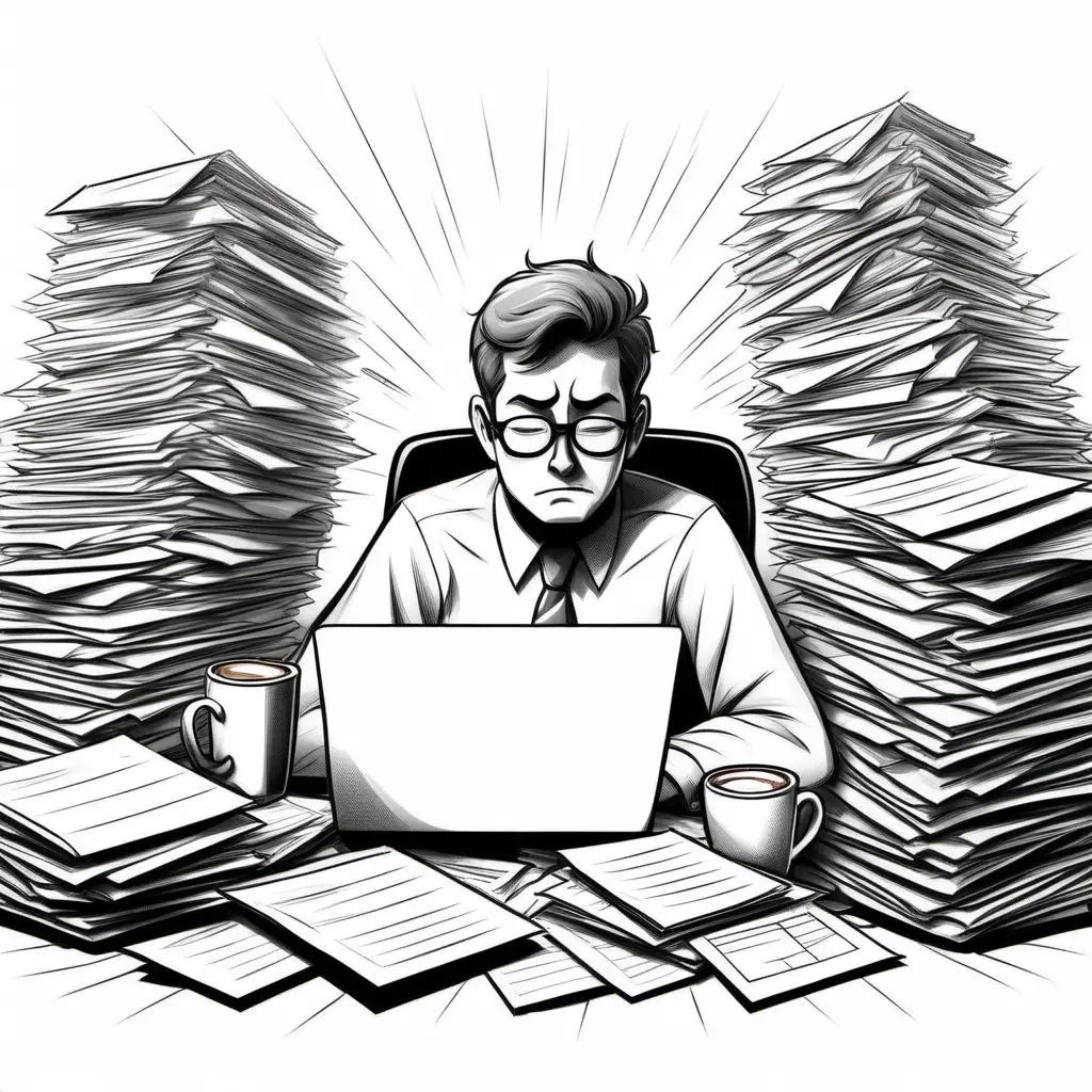 Exhausted Office Worker Surrounded by Paperwork and Coffee Cups