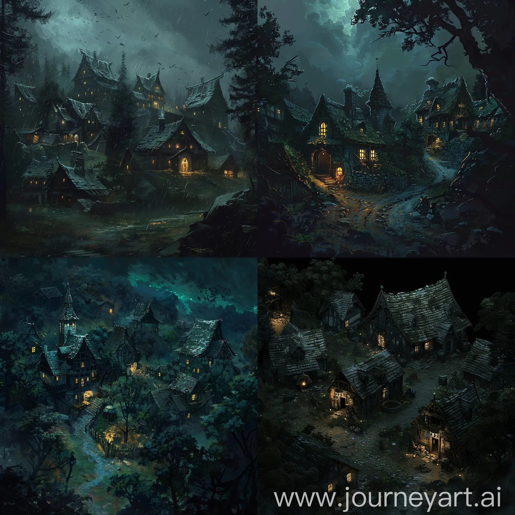 dnd dark fantasy theme,there is village with few houses,background is dark night,Very high quality,