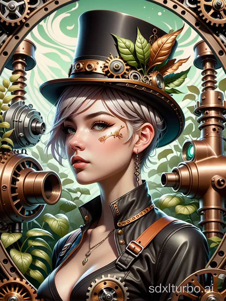 Punk style illustration of a handsome girl with short hair and a high hat decorated with bronze, gold and silver metal machinery. Exhaust pipes and gears. Looking down at the front, there is a background where green plants and machinery meet. Complex artwork. Fusion of organic and mechanical elements, Art Nouveau style, detailed, intricate, mysterious themes, calm, confident, handsome, fair skin.