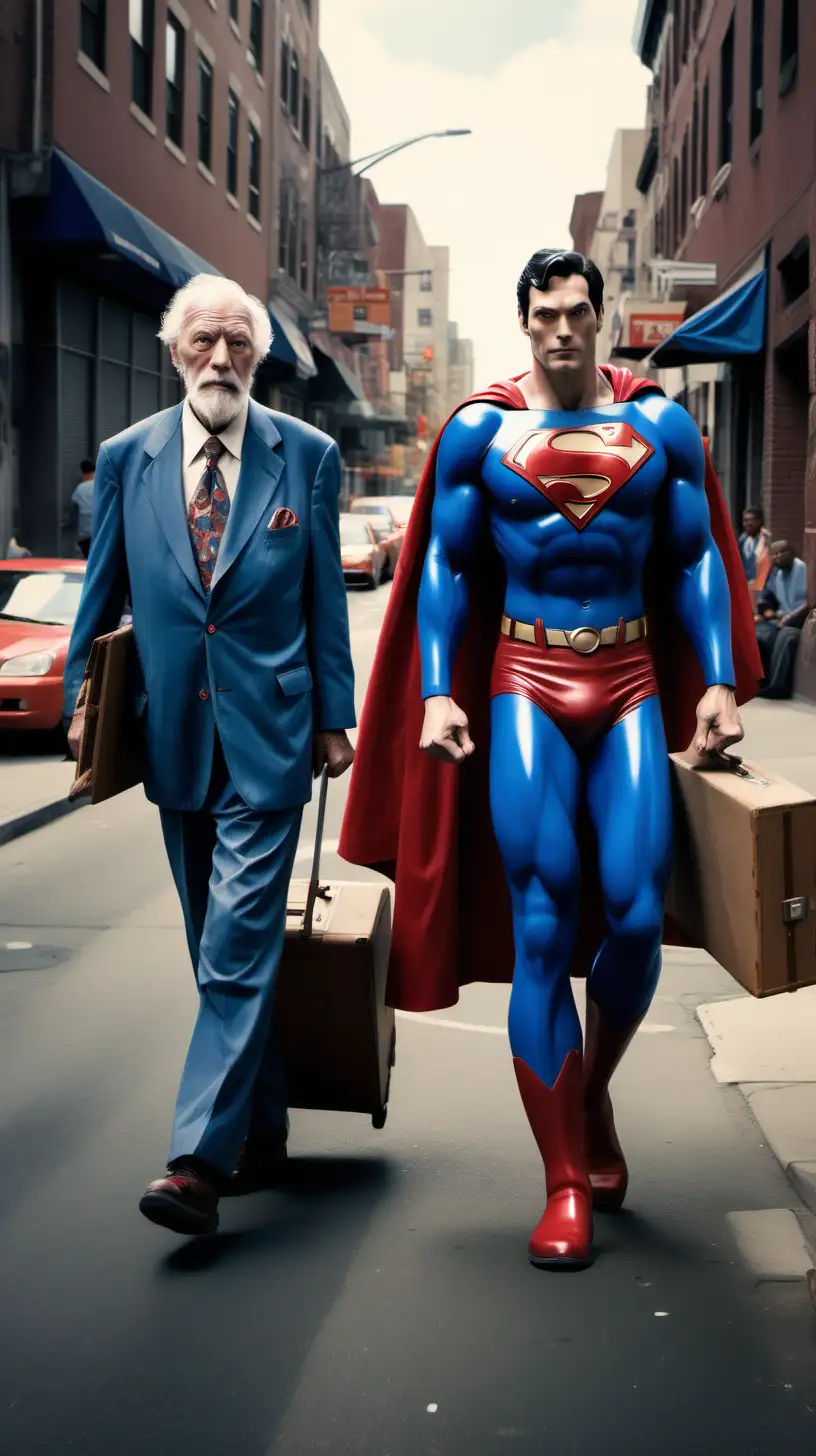 Visualize a scene on a city street where Superman is walking straight beside an old man, both holding cases. The figure representing Superman is dressed in his iconic blue suit with a red cape billowing behind him, exuding strength and confidence as he strides forward with a case in hand. Beside him, the old man, distinguished by his age and attire, walks with wisdom and determination, also carrying a case. The street is depicted as a typical urban setting, bustling with activity, yet all attention is drawn to the remarkable pair as they advance together, symbolizing a timeless alliance between generations.