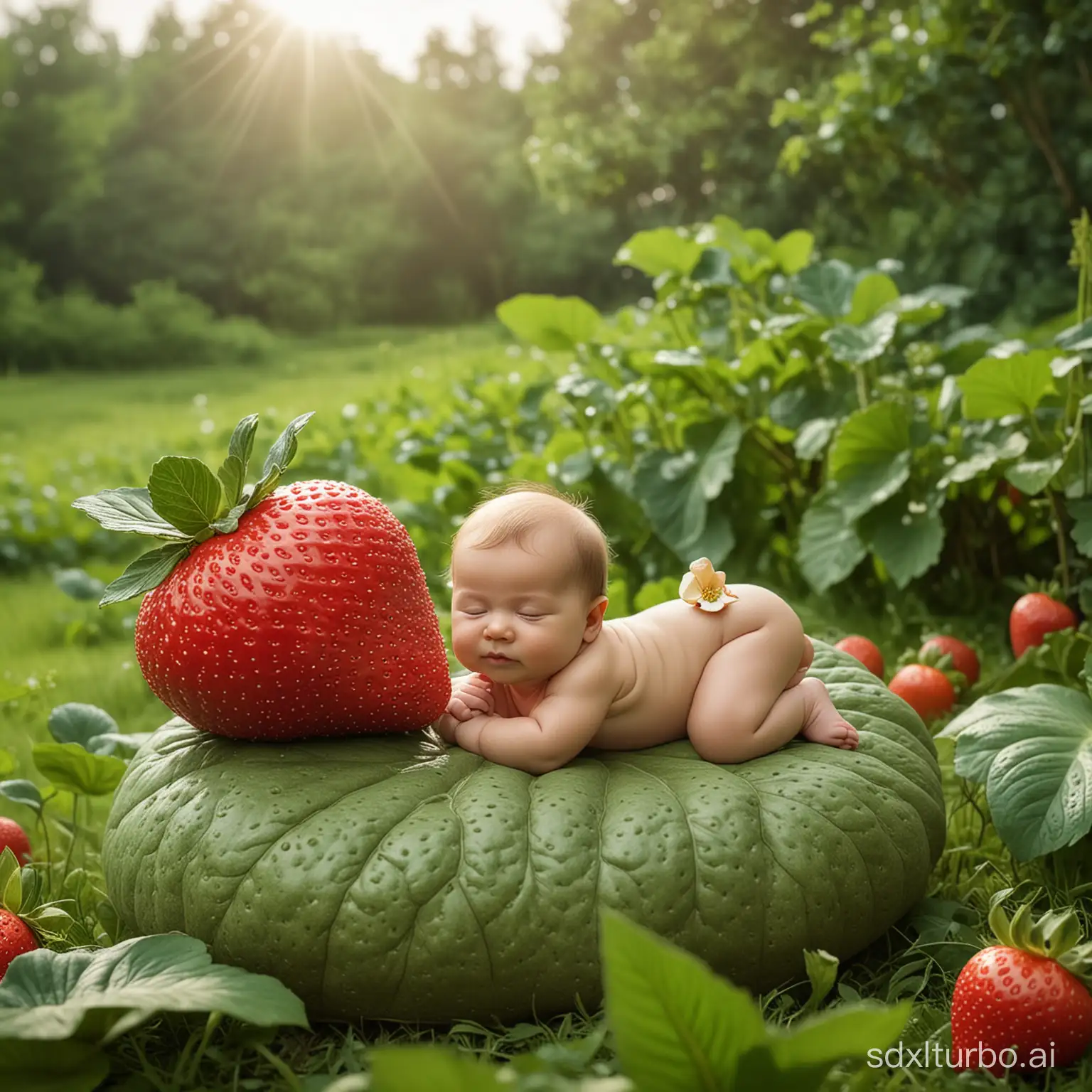 Tranquil-Baby-Resting-on-Giant-Strawberry-Sculpture-in-Enchanting-Meadow