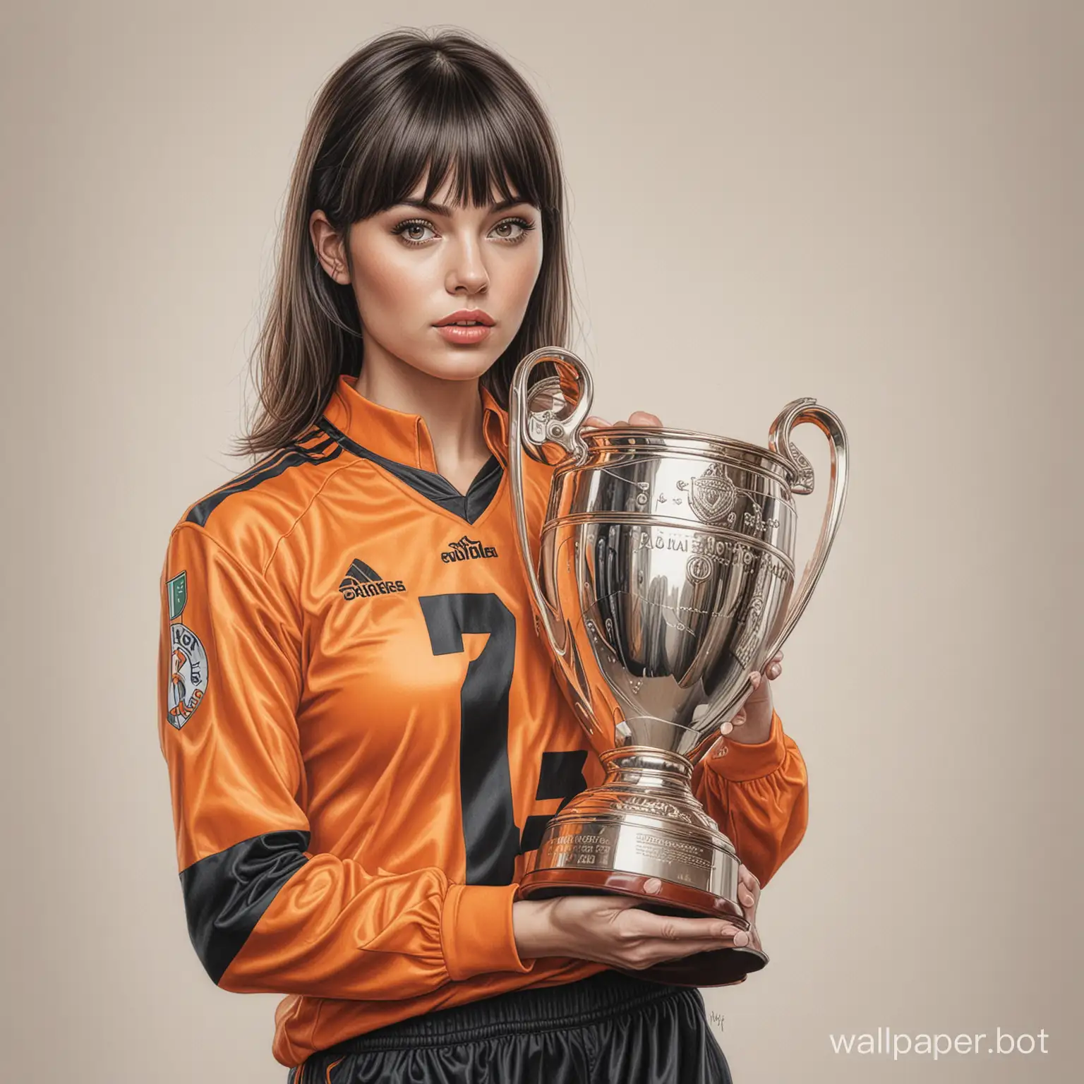 Sketch Alina Lanina 25 years old, dark short hair with bangs, cup size 7, narrow waist in orange and black football uniform, holding a large Champions Cup against a white background, highly realistic drawing in colored pencil