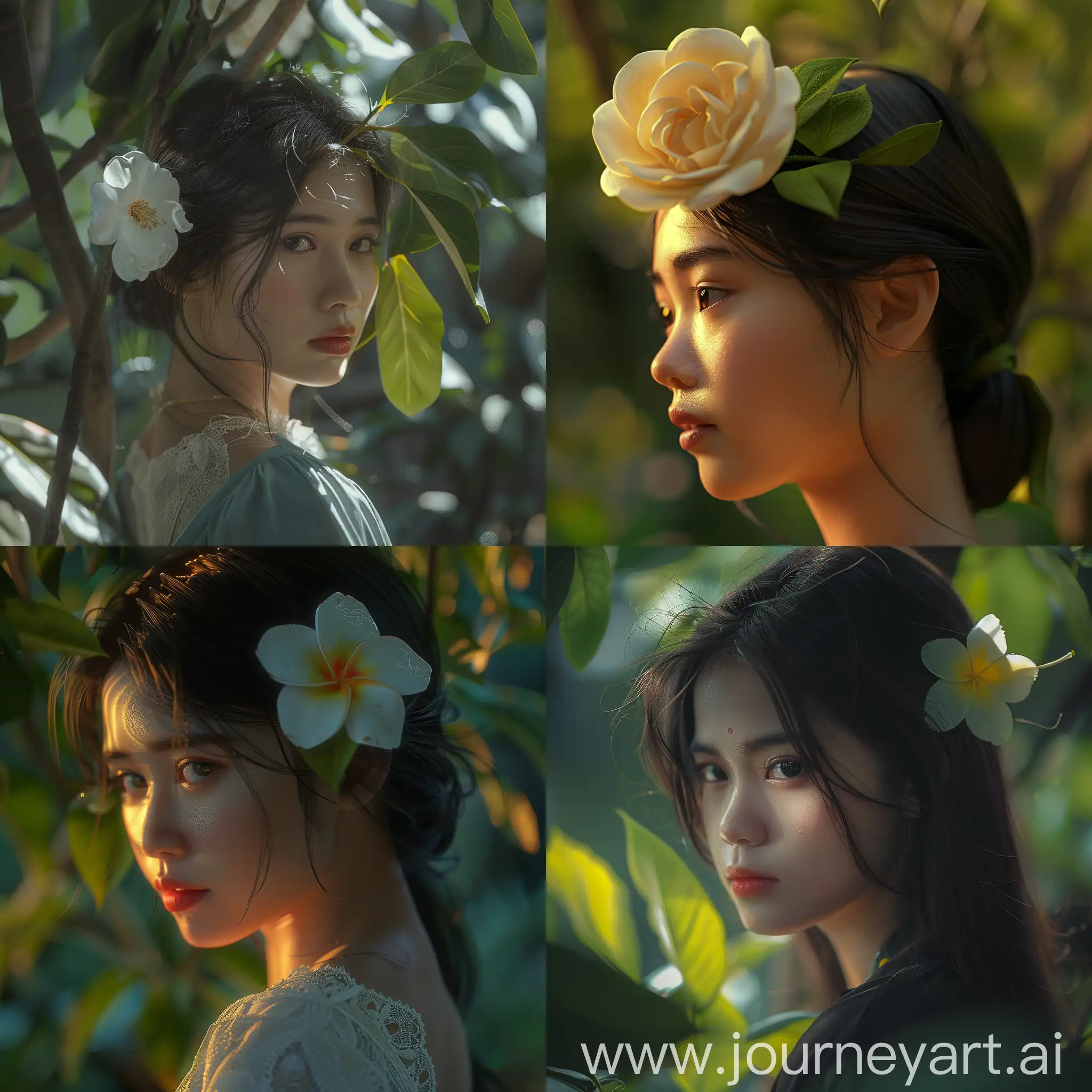 masterpiece,HD detailed,8k, 20years old myanmar girl,beautiful face, perfect full body, in the garden, from side viwe, looking at viewer.one flower on head.