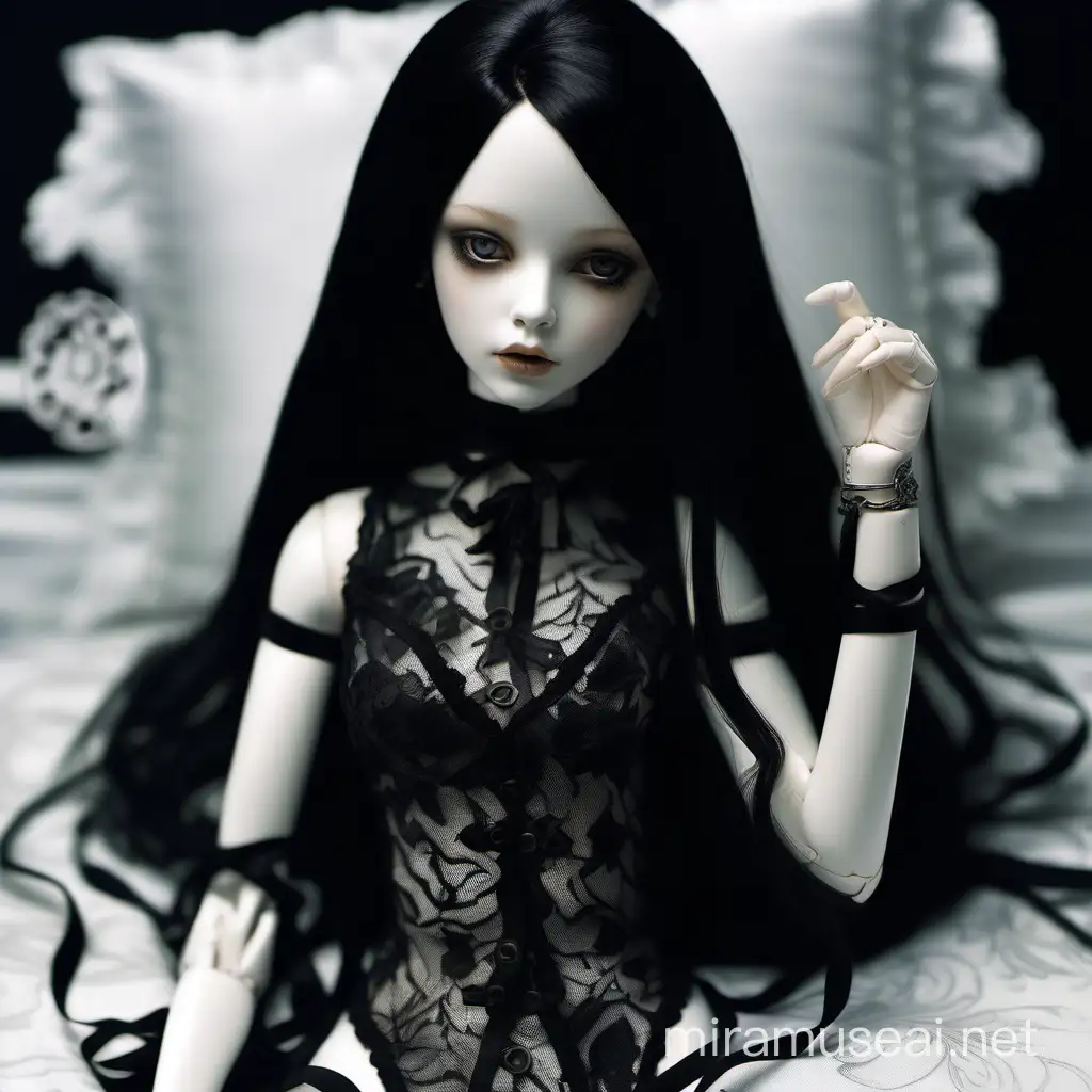 hyper detailed, hyperrealism, jointed BJD doll, body pale white skin, very long black hair, very long straight hair, hyper detailed, hyperrealism, a girl in a lace bodysuit, black silk ribbons, black silk bows on her hands, handcuffs made of silk ribbons, top view