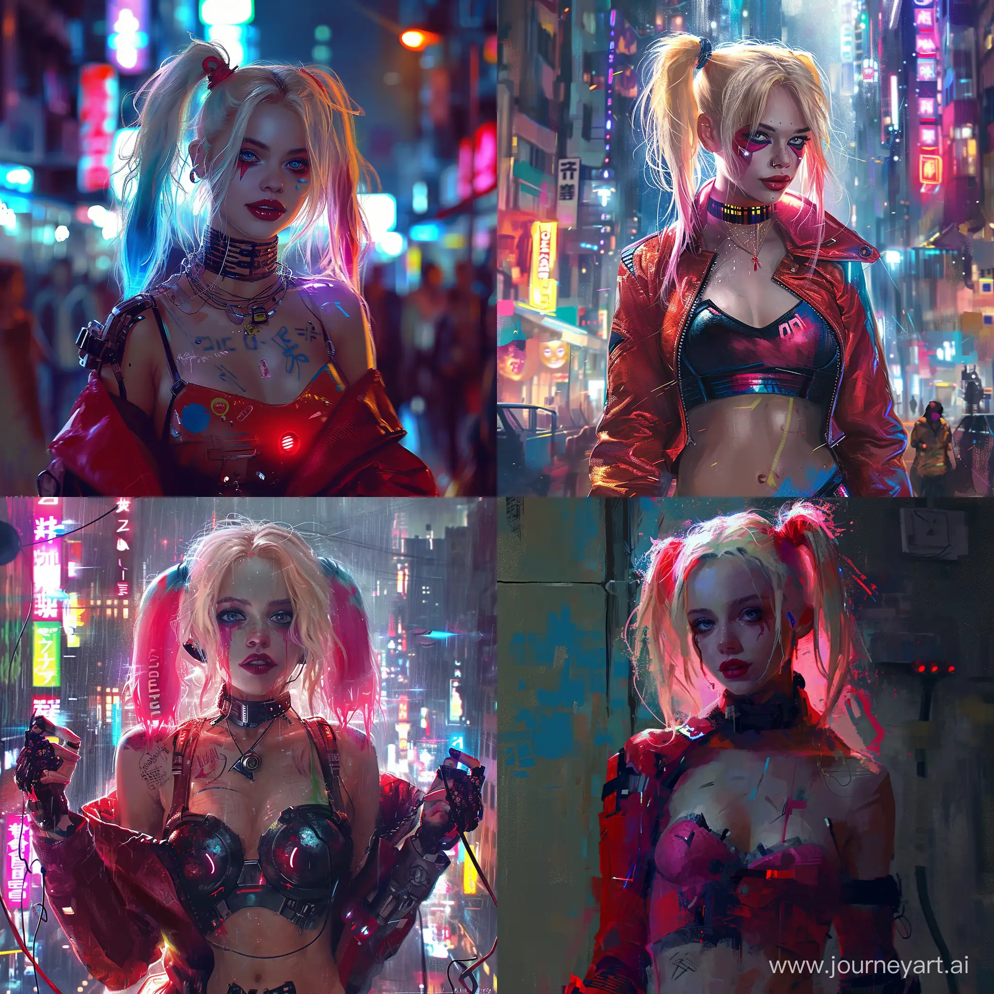 Futuristic DC Harley Quinn, blade runner, bright future, trending on artstation, trending on DeviantArt, science fiction --v 6