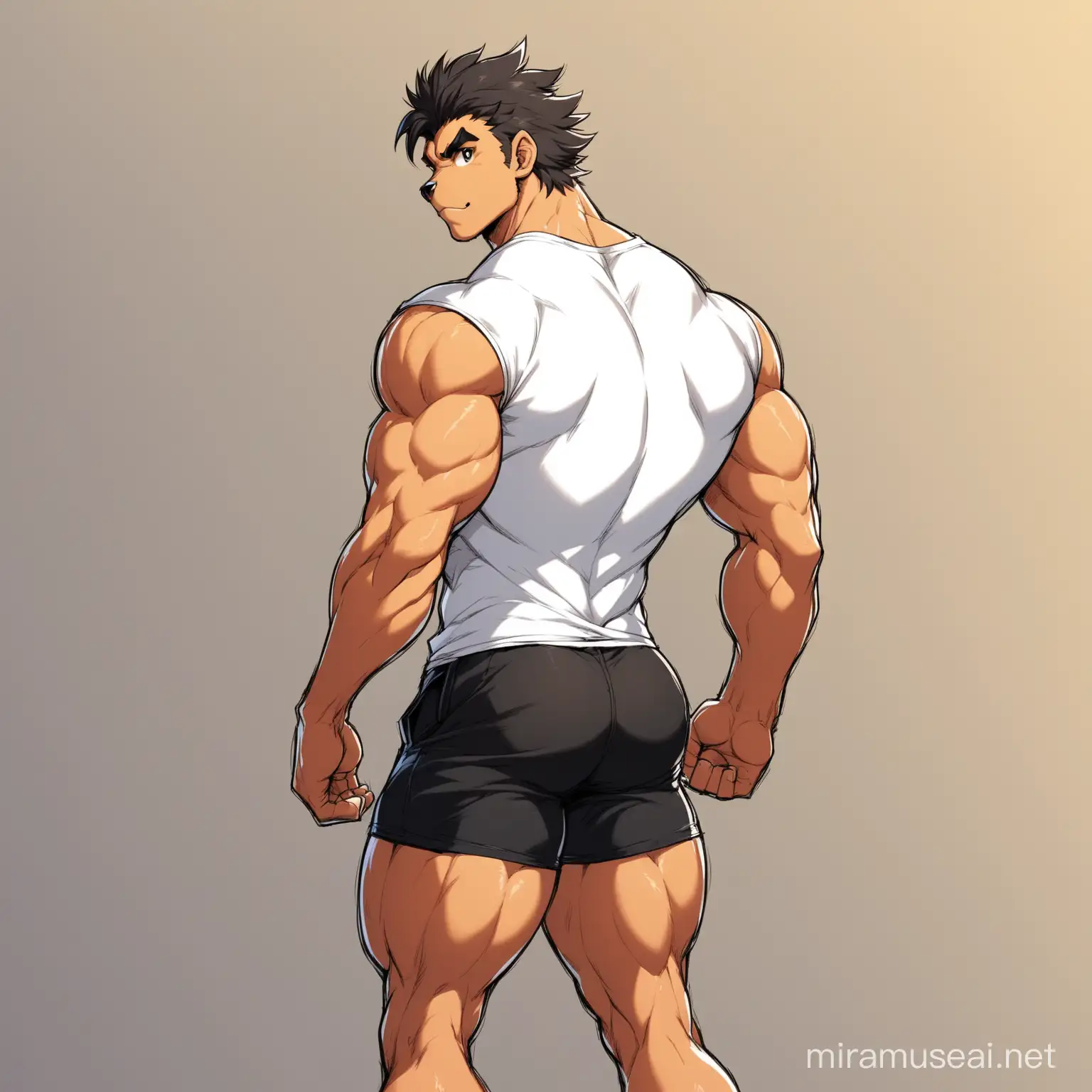 Muscular Man in White TShirt and Black Shorts Standing Strong