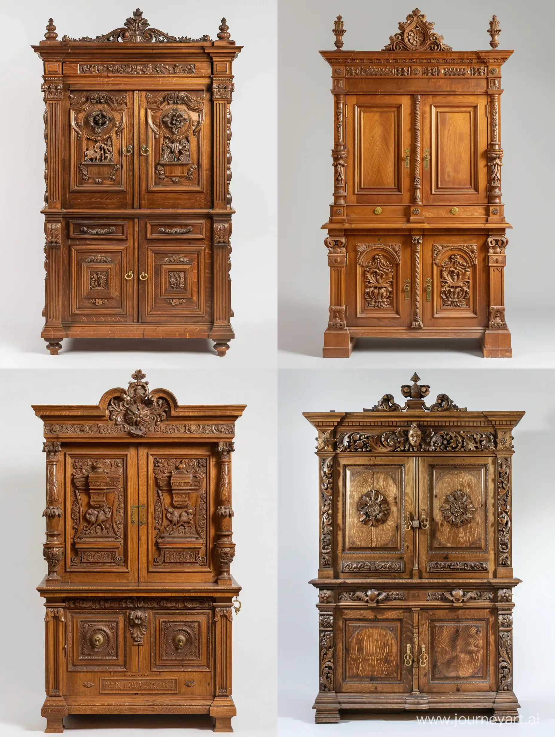 Antique-Oak-Buffet-with-Carved-Hunting-Scenes-and-Brass-Handles
