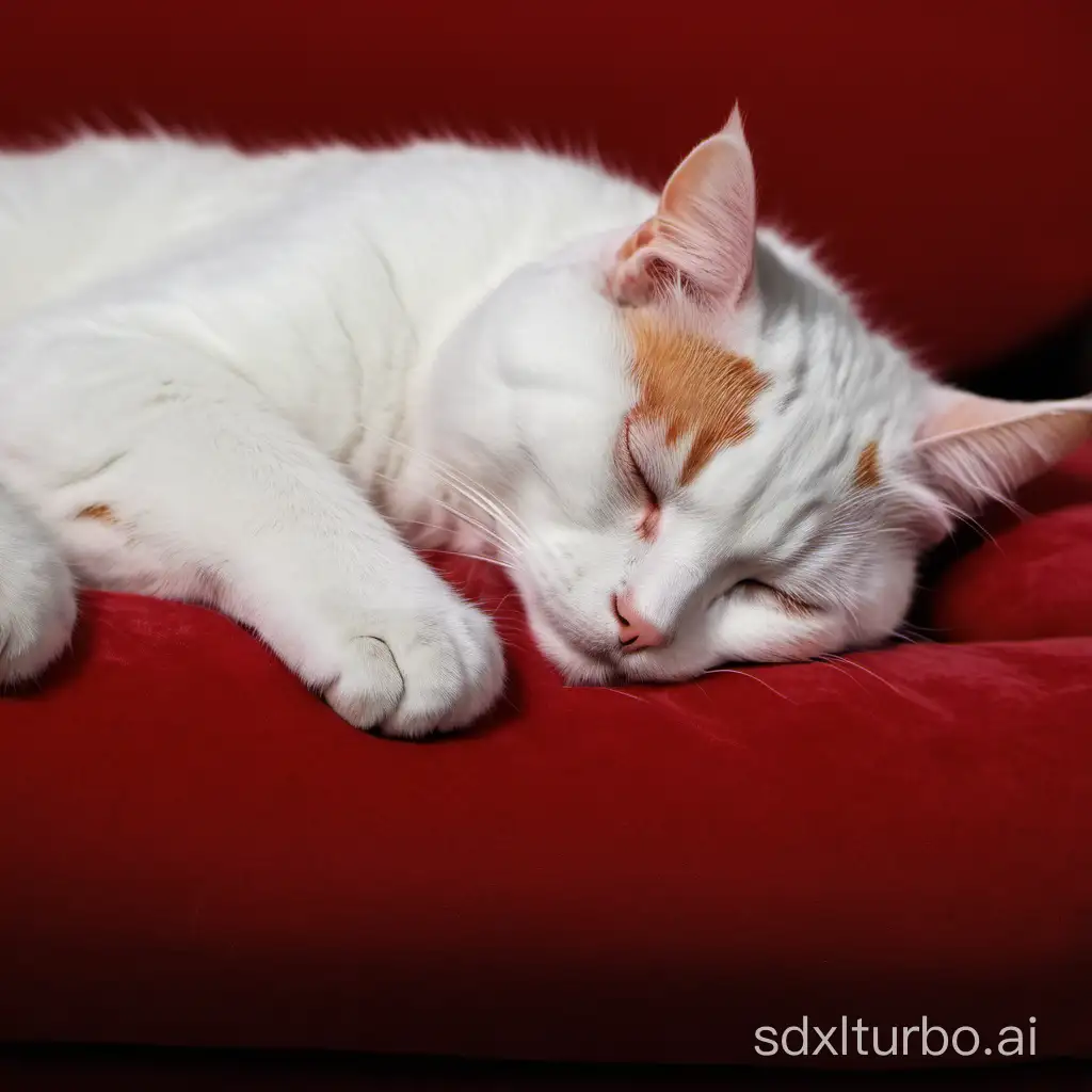 White and red cat ssleeping on a sofa on a red pillow