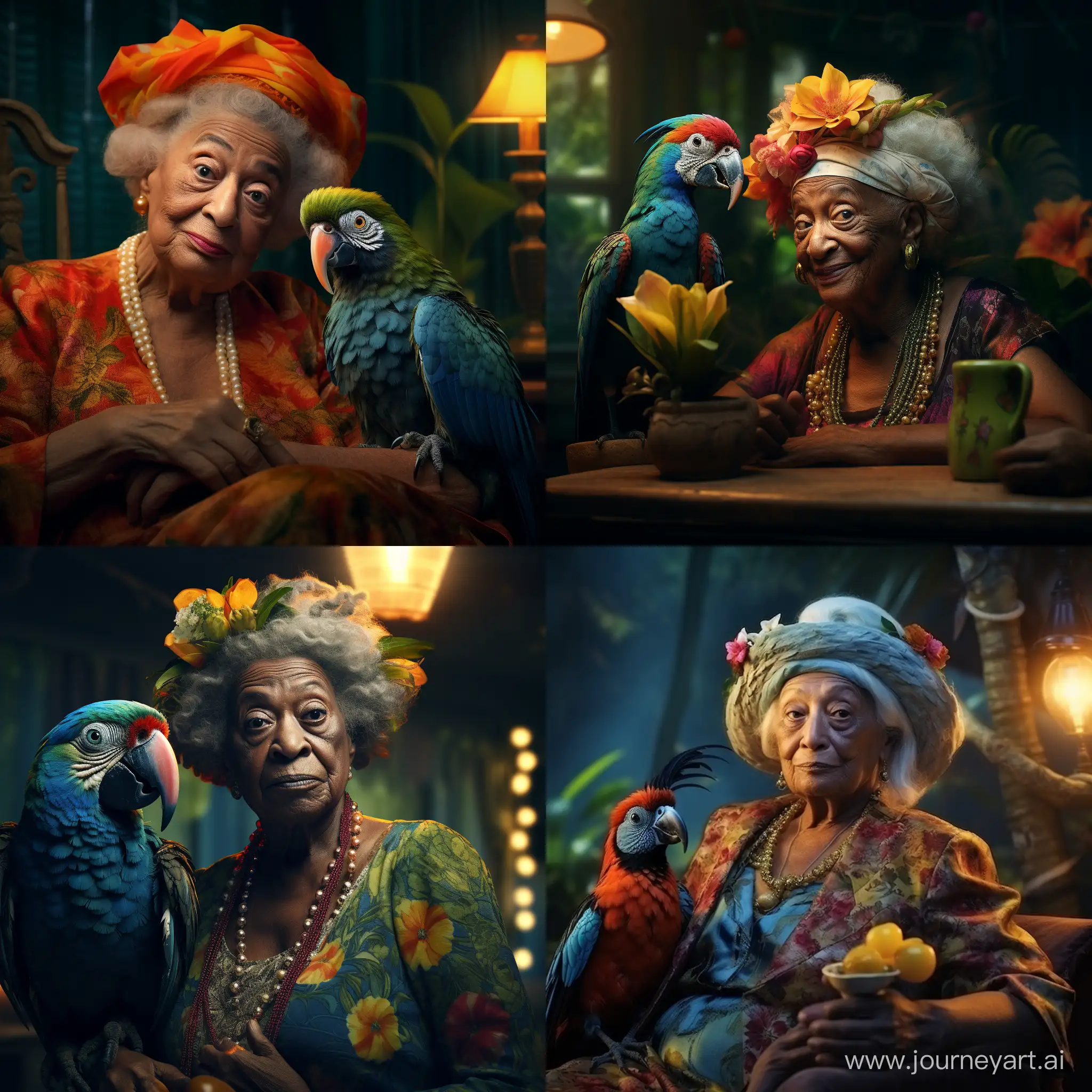 A beautiful award winning portrait of an eccentric old lady from Jamaica with her pet tropical bird, Rembrandt lighting, colour graded, strong vignette, exquisite details, playful, in Pixar style