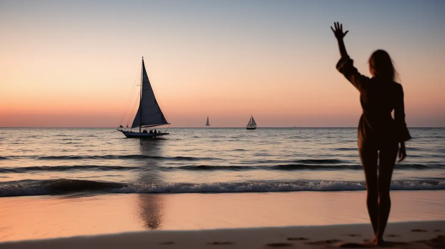 woman standing os sandy beach in dusk and waving good bye to sailboat leaving towards horizon from the woman