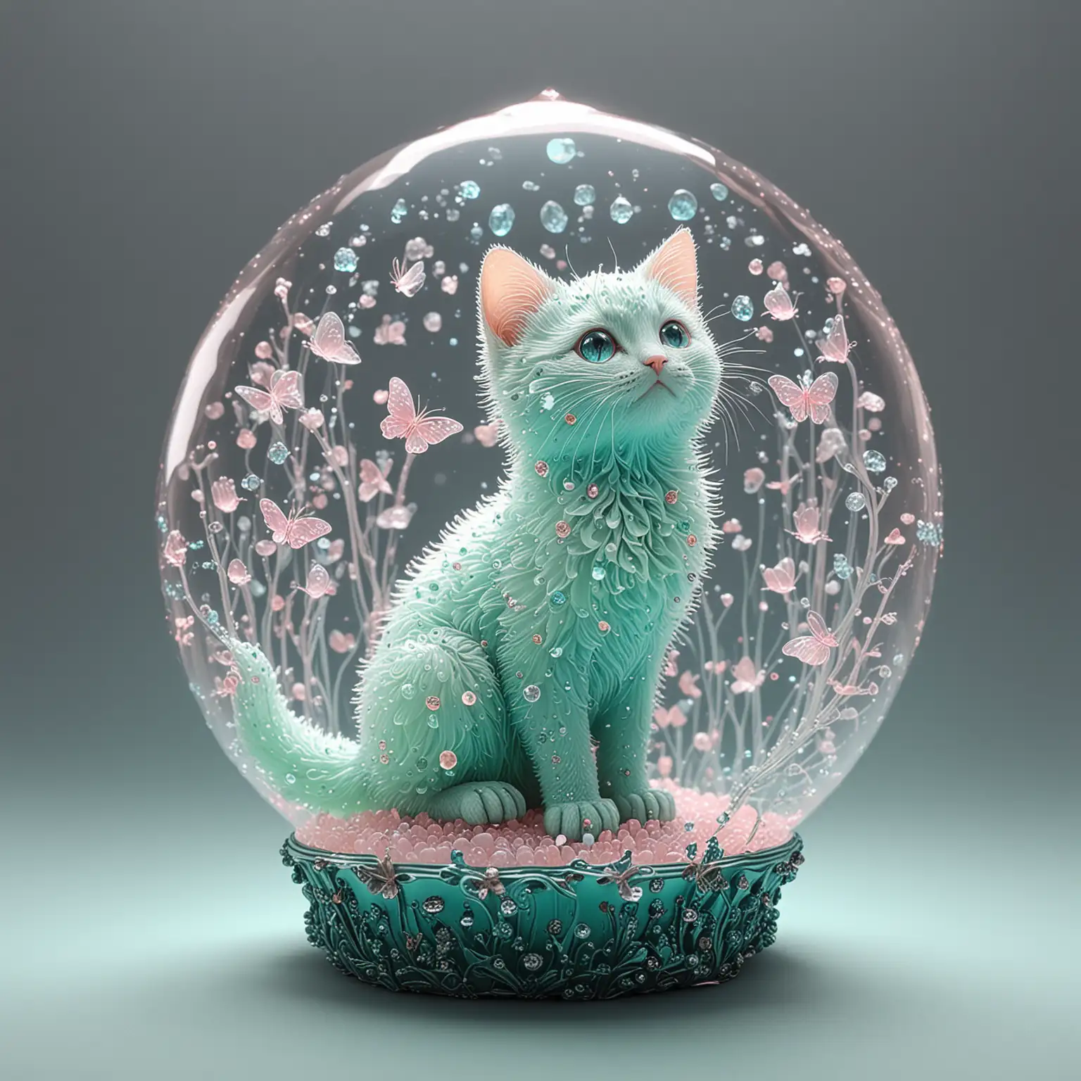 Translucent Crystal Glass Sculpture Baby Cat with Bioluminescent Butterflies