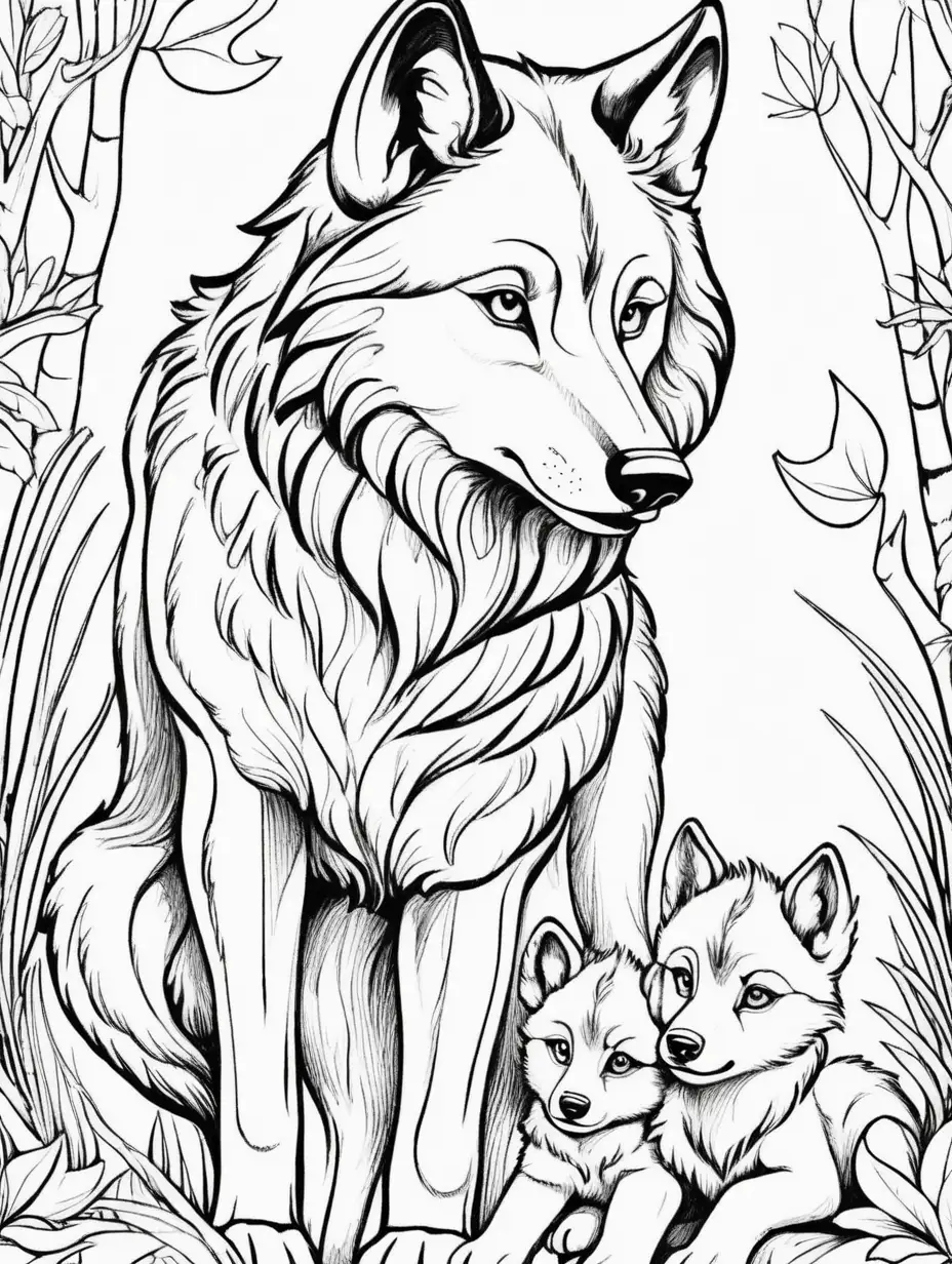 Adorable Coloring Page Mother and Baby Wolf Bonding