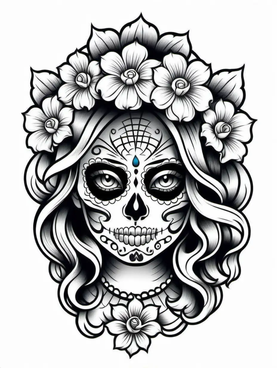 Cempazuchitl Flower Sugar Skull Tattoo Outline