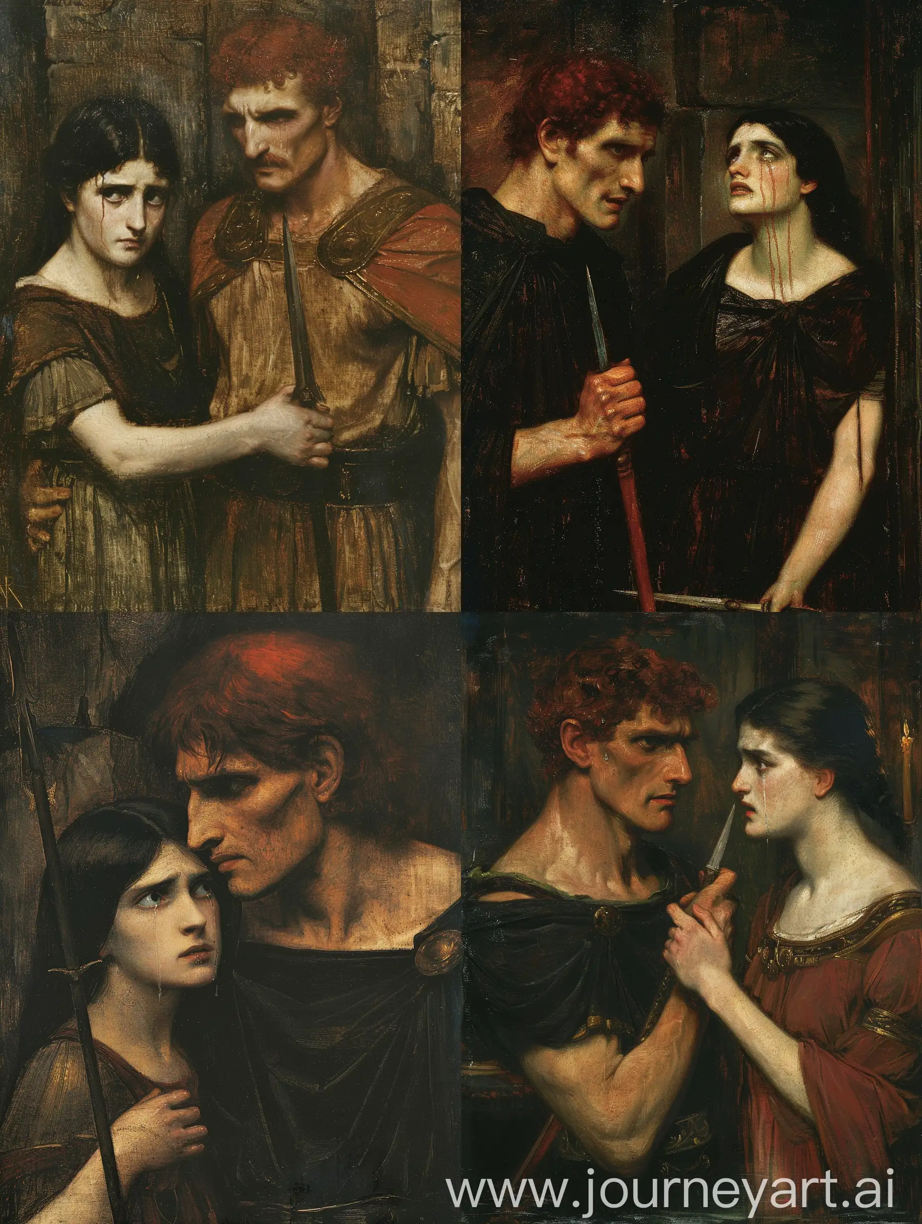 A John William Waterhouse painting of Greek mythology. It shows Agamemnon, King of kings, with reddish brown hair, and his daughter Iphigenia with black hair like her mother. She stand before him, tears in her eyes, and he holds a dagger towards her.