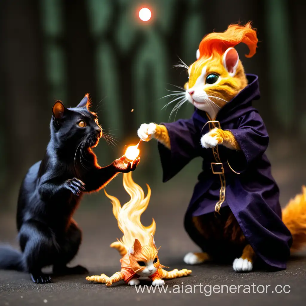 Белка-архимаг отдает фаэрбол черной кошке-колдунье с рыжим котенком