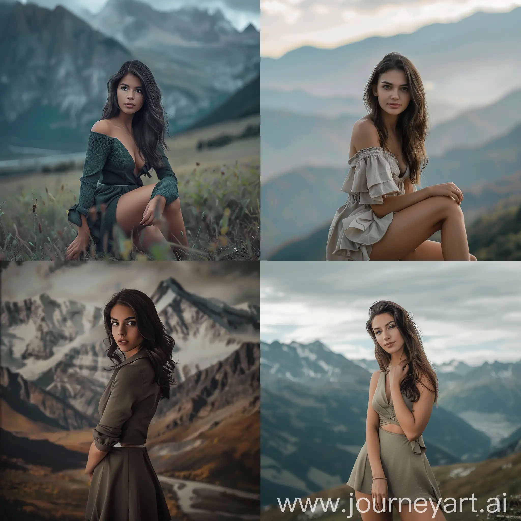photo of a brunette woman for instagram, beautiful background, wide frame, ultra realistic, mountains, knee-length dress