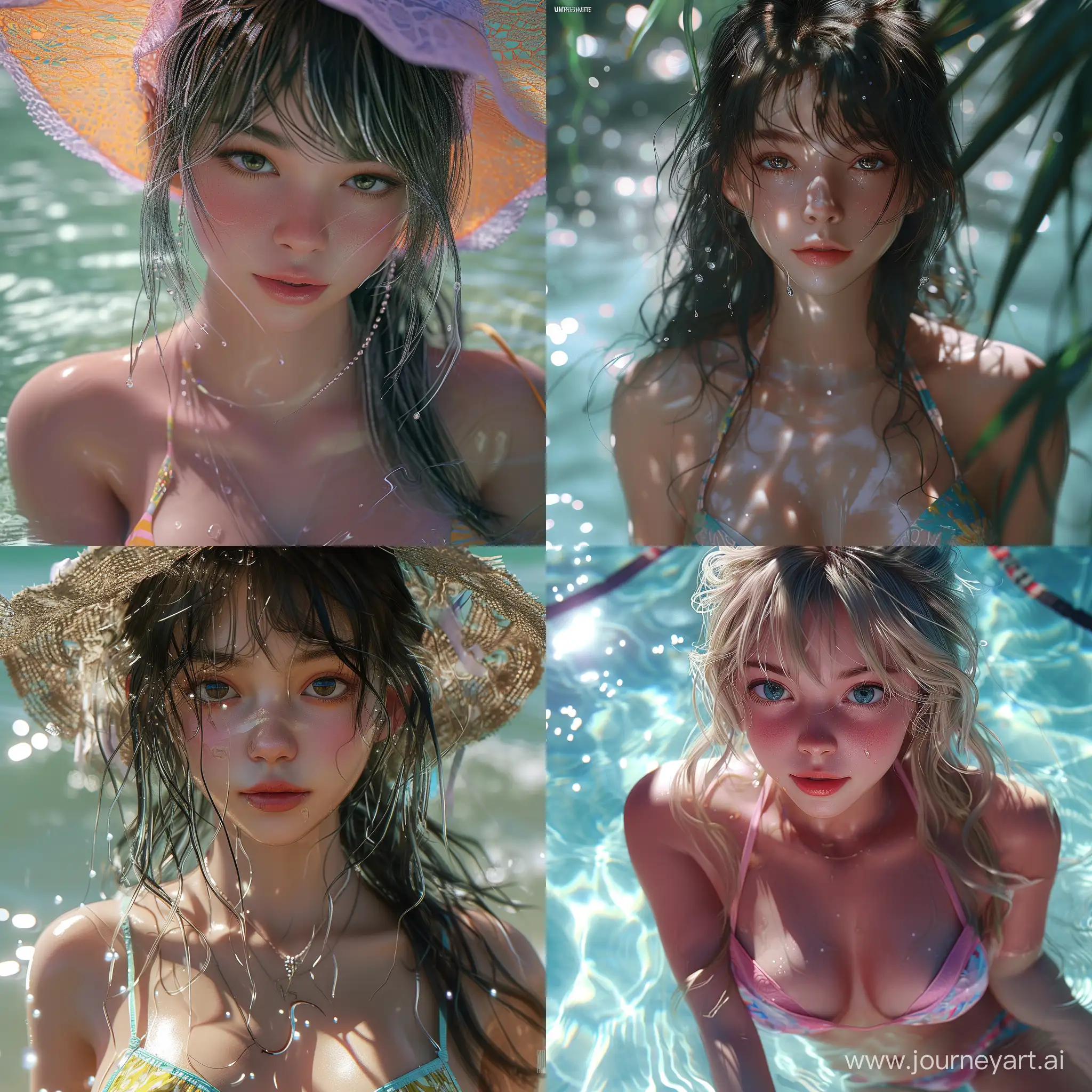 Dynamic representation [cute girl in beachwear], wallpaper HD, realistic and hyper-detailed renderings, precisionist art, photorealistic scenes, epic, glassy translucence, anime art, detailed and intricate environment, Unreal Engine, strong facial expression