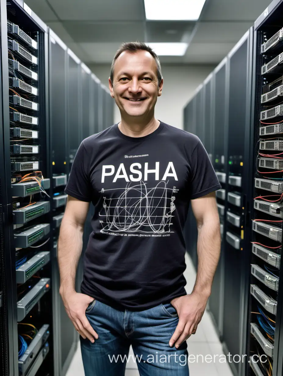 Человек, мужчина, возраст 40 лет, худощавого телосложения, в футболке с надписью "Паша", улыбается, стоит в центре обработки данных, держит в руках компьютерную мышь за проводок, вокруг множество стоек с серверами, висят провода.