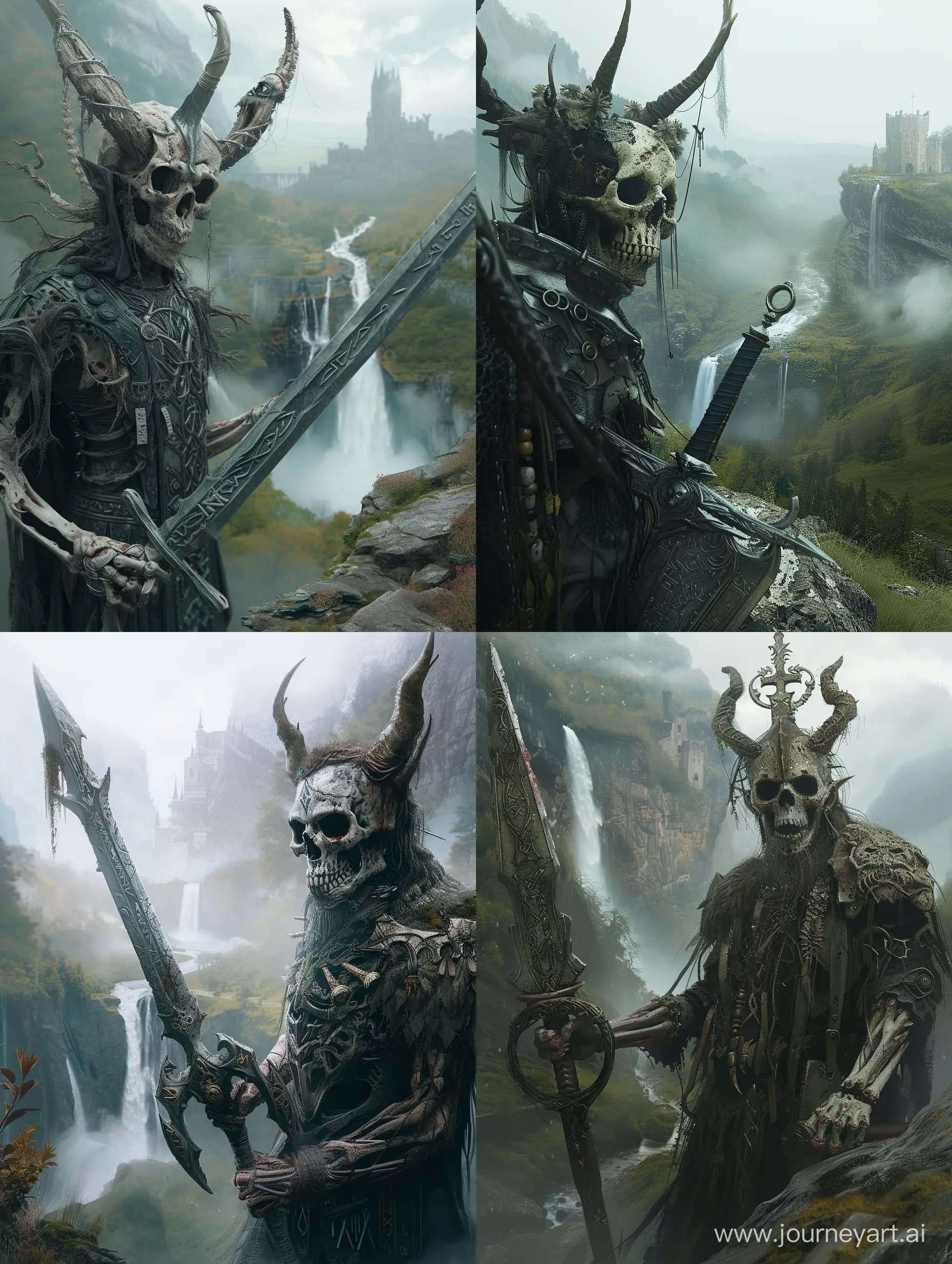 character design of the Elder God Slayer with skull for face and elaborate horns wielding an ancient blade Mist envelops the valley waterfall and castle visible in the distant haze Created Using gothic elements sinister aura detailed bone texture weapon with runes atmospheric perspective environmental storytelling high fantasy art moody lighting 