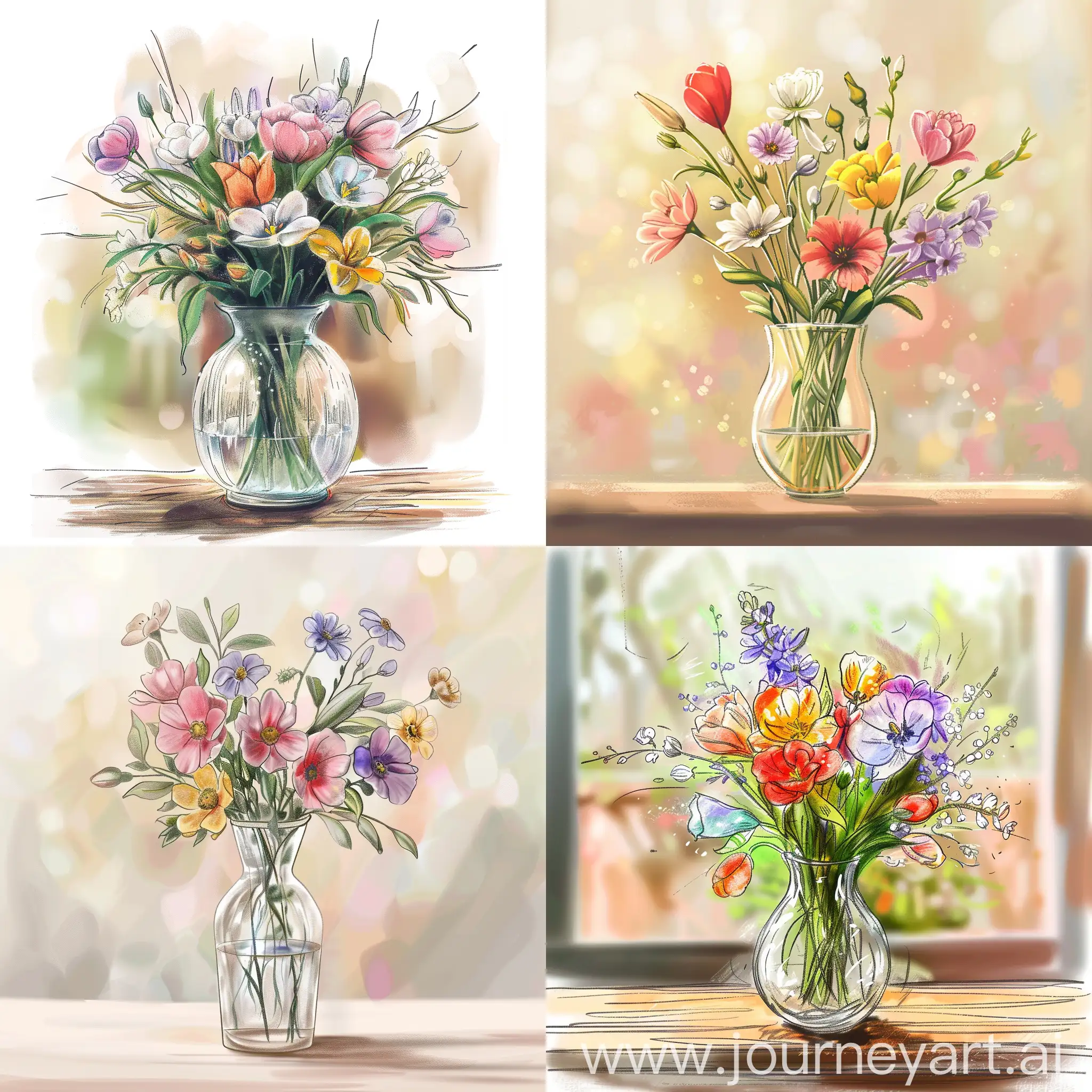 hand drawn spring bouquet, glass vase, blured background