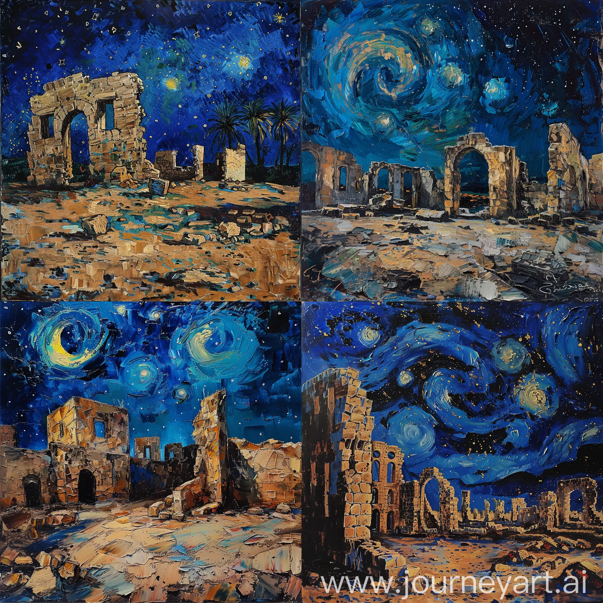 Ruins in Gaza,van Gogh style, stary nights sky,night mood.