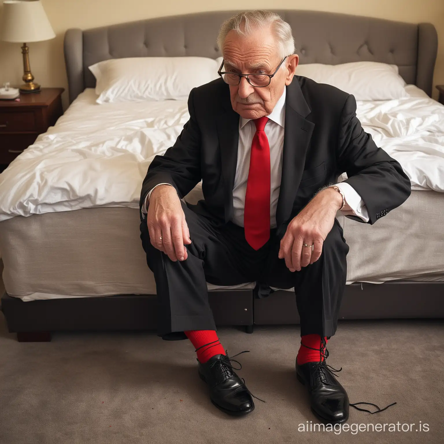 An elderly man, shot height, wearing black suit, red socks, black shoes, being tied up to a bed, looking helpless.