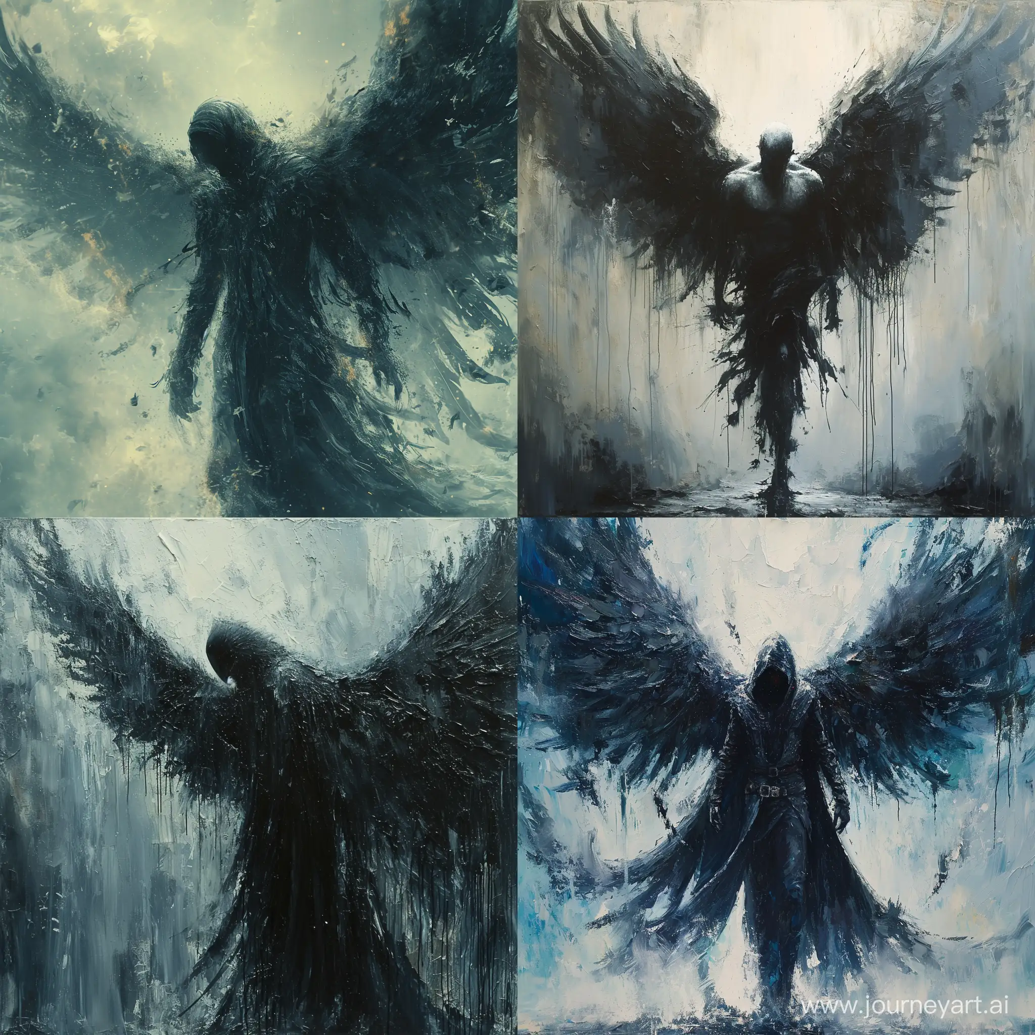 Intentional camera movement, ::1.5, dark angel with large black wings, standing in front of a sky background with white and blue hues, the angel has white hair and is wearing a armor-like outfit, the wings are spread out and there are black paint drips trailing from them, --s 500 --quality 2