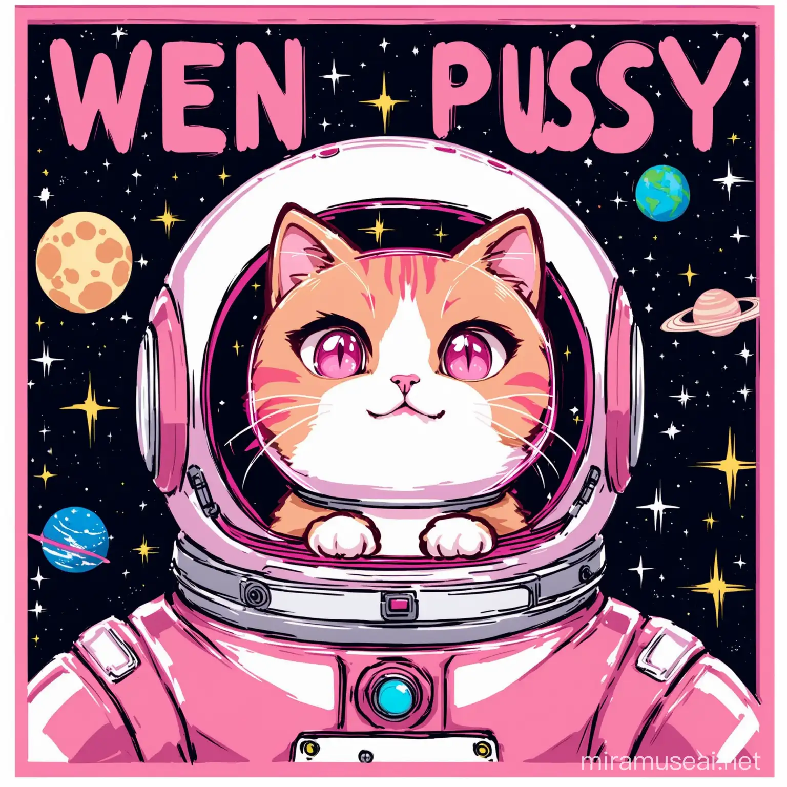 Photo of PINK CARTOON CAT in a space helmet saying "wen pussY"