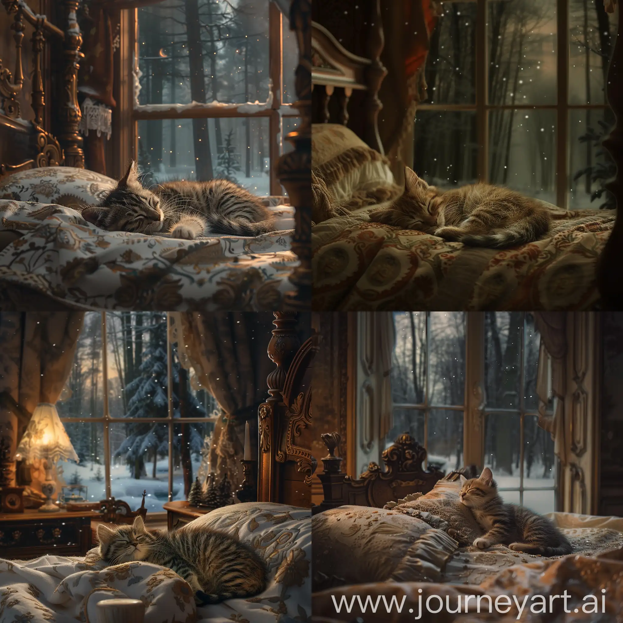 a kitten sleeping on a bed, a cozy bedroom, antique furniture, semi-darkness, a window, a winter night outside, stars. forest