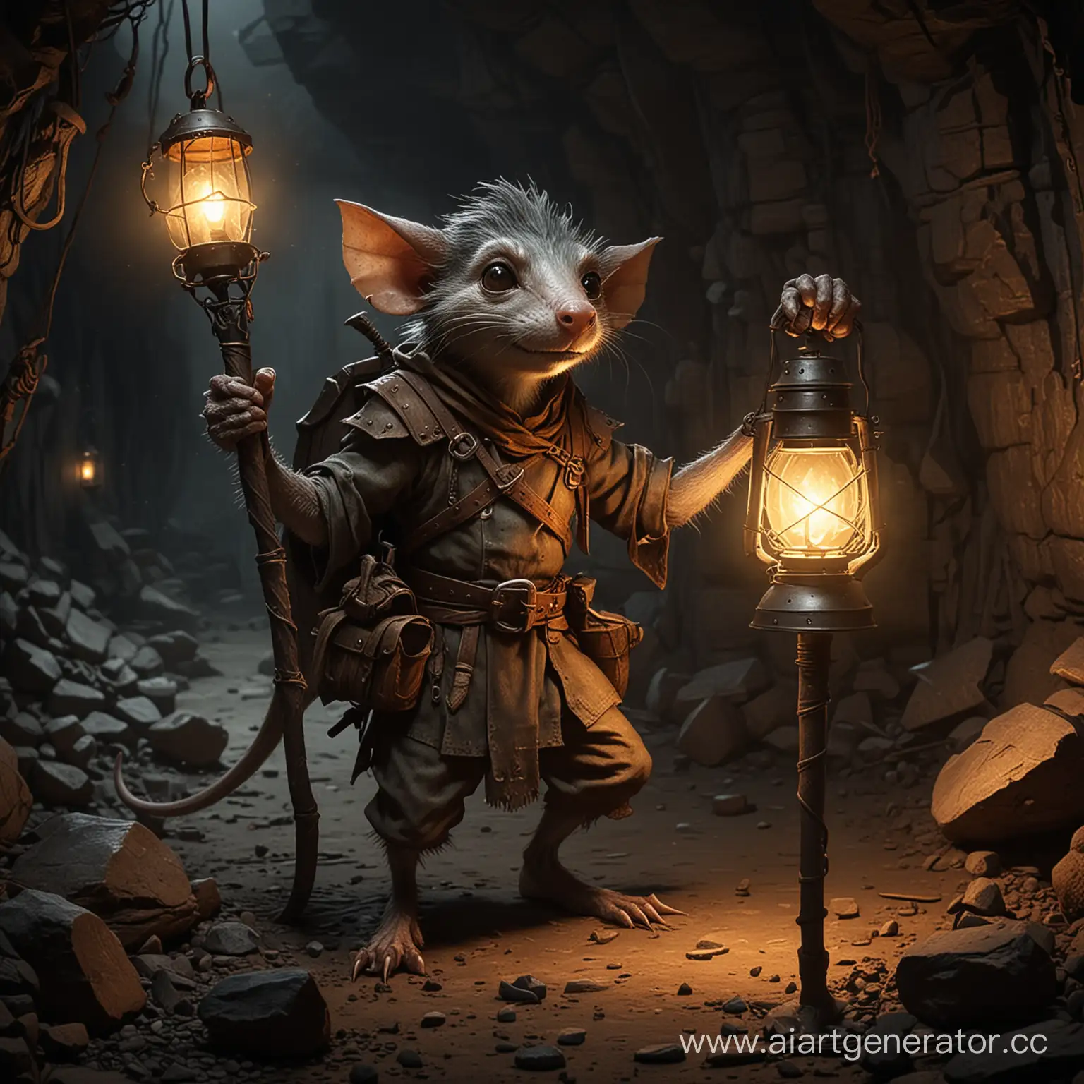 Старый крысоподобный кобольд сидит с киркой в руках в темной шахте при свете фонаря