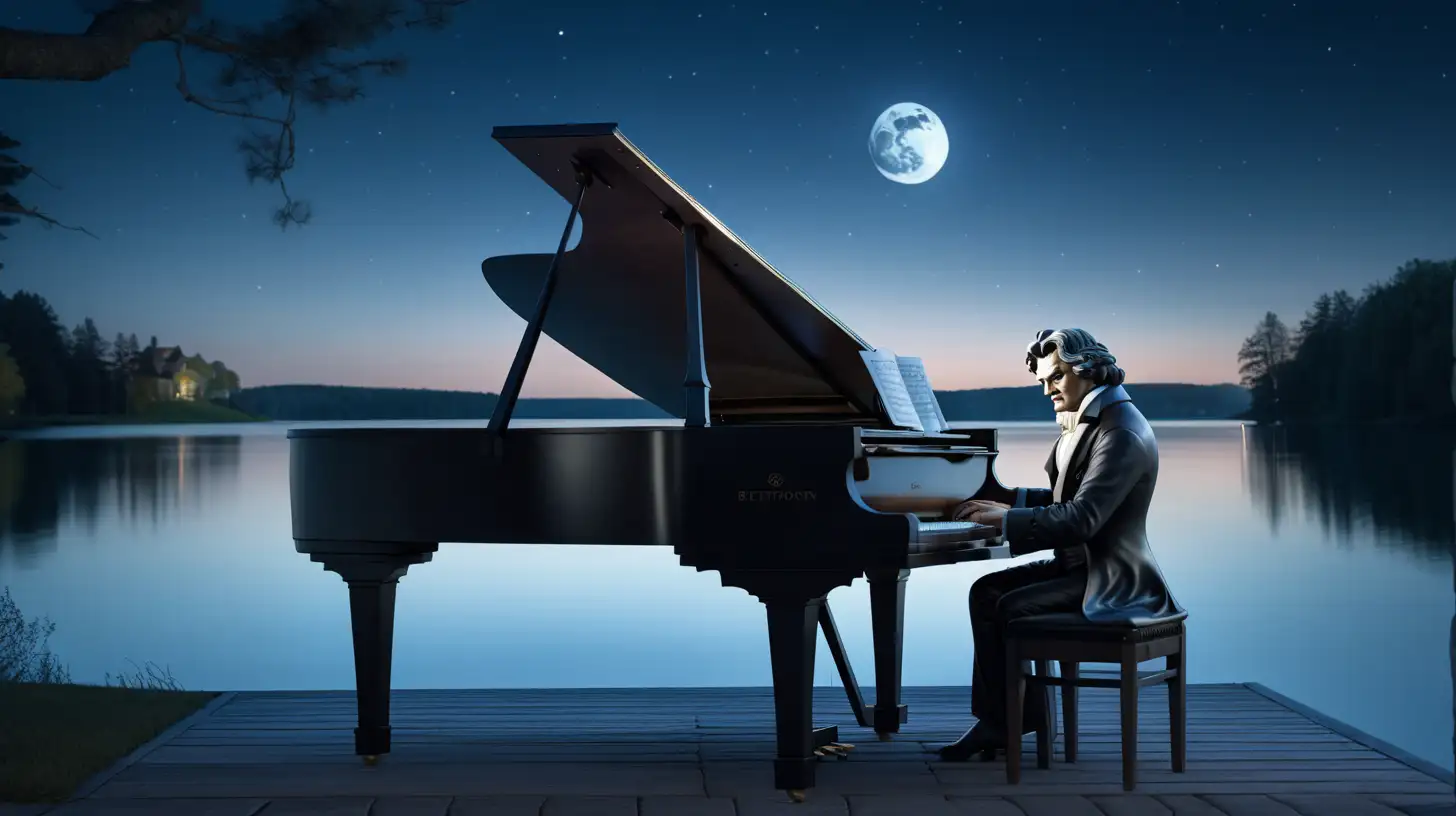 Бетховен сидит за роялем. На фоне озера по озеру блеск луны струиться лунная дорожка