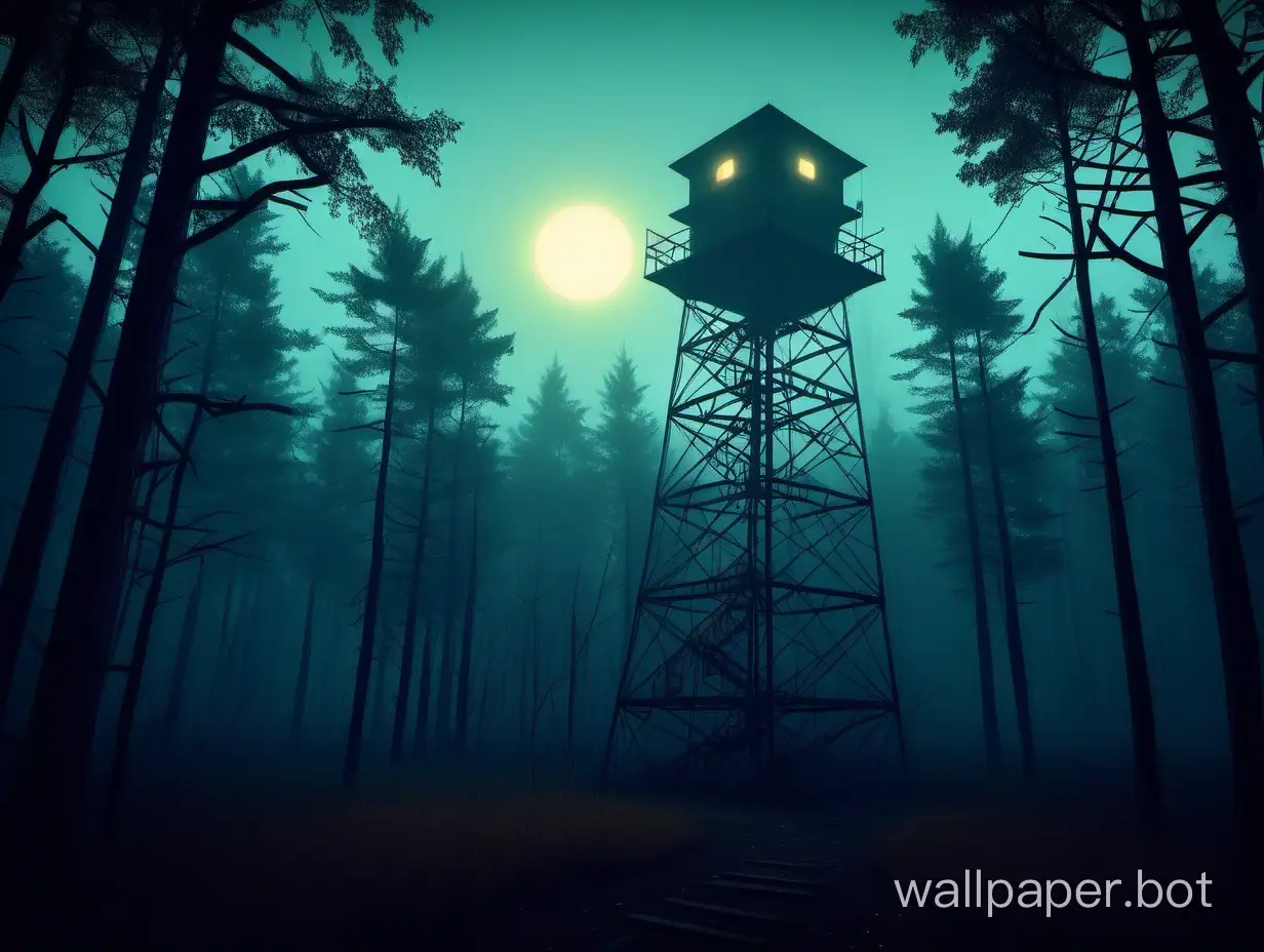 firewatch tower in creepy, foggy forest. The sun has set but it is not very dark. creepy atmosphere
