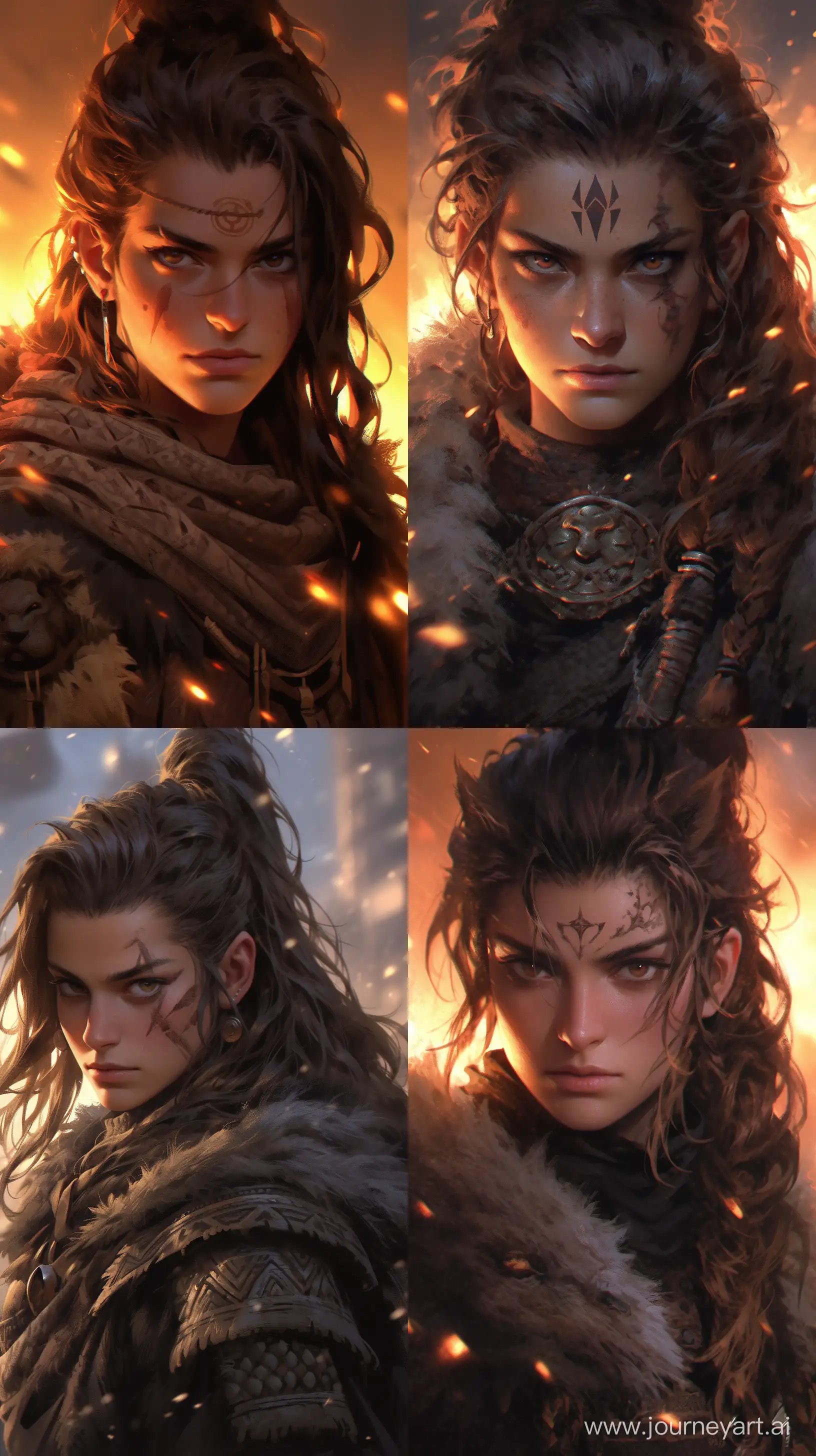 30 year old dark hair female warrior, viking, character concept, highly detailed, gold glowing eye, golden scar under left eye, woolen fur coat, demonic, waving hair, intricate, facial tribe tattoo, intricate, ethereal, cinematic, artstation, hyper detailed, high detail, weta digital, ray trace, Unreal Engine, Zbrush, beautifully lit, glow, cinematic, soft light, detailed, photorealistic, volumetric, intricate, high detail, realistic, glossy, cgi, photo - bash, 8k post - production, masterpiece --ar 9:16 --niji 5 --s 750