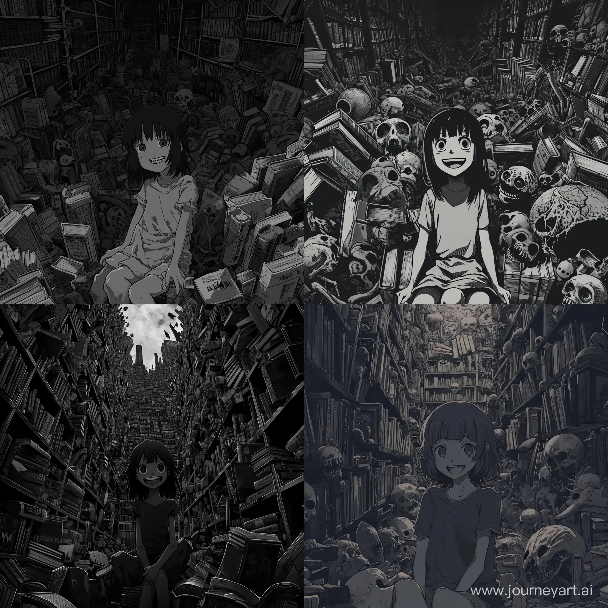 in a dark and eerie anime style reminiscent of Junji Ito's works a girl with an smile sits amidst a surreal library of bizarre, eldritch books. The color temperature is a chilling monochromatic grayscale