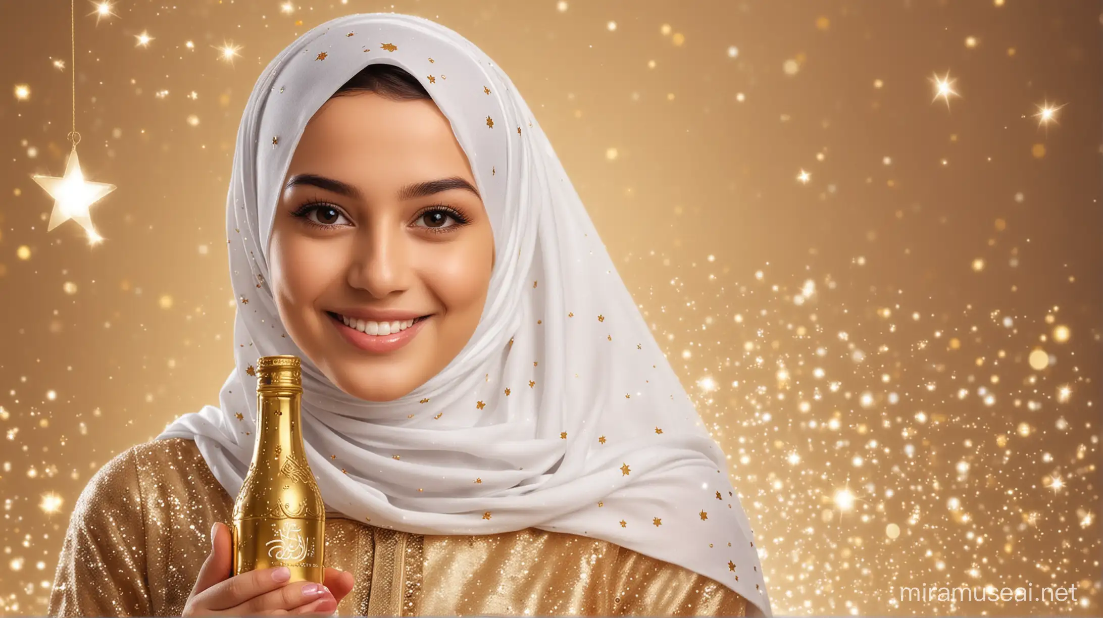7 year only beautiful muslim girl wearing hijab with cute smile,white skin with eid festival background, with one bottle on hand, mid photo up to belley,graphics eid festival bg, glossy golden back ground with sparkles, and stars, boobs size 34