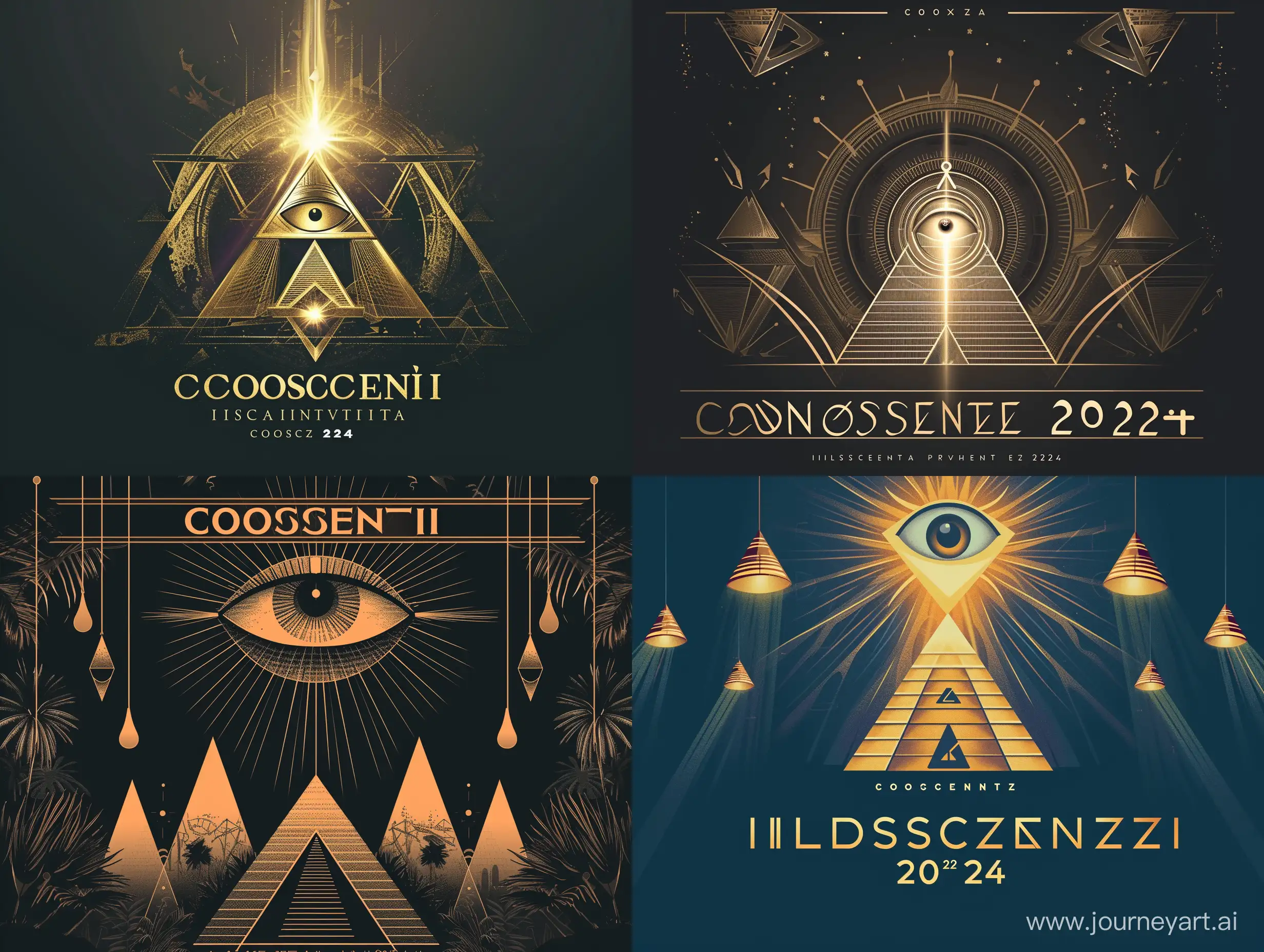 Generate a title logo for the event "Conoscenza 2024" with the theme of Illuminati reflected in the graphics. Incorporate symbolic elements associated with the Illuminati, such as the Eye of Providence, pyramid structures, mysterious symbols, and subtle references to secrecy and enlightenment. The design should evoke a sense of intrigue and mystery while maintaining a modern and sophisticated aesthetic suitable for the event's theme and audience.