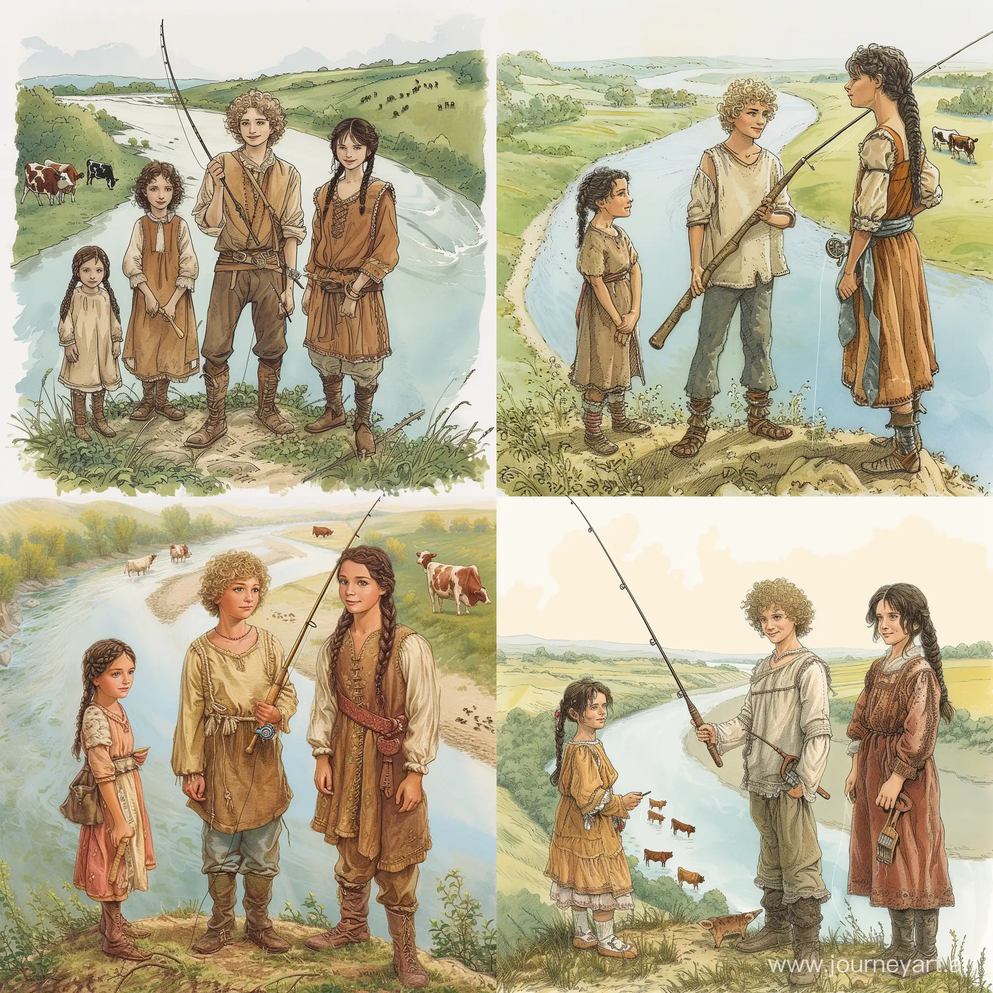 book illustration, three people, (a thirteen-year-old boy with light curly hair, holding a fishing rod in his left hand), (a five-year-old girl with dark hair, braided), stands to the left of the boy, (a sixteen-year-old girl with dark hair, braided), stands to the right of the boy, dressed in peasant clothes, they stand on a hill, against the background of a winding river, sunny day, summer, noon, cows graze across the river