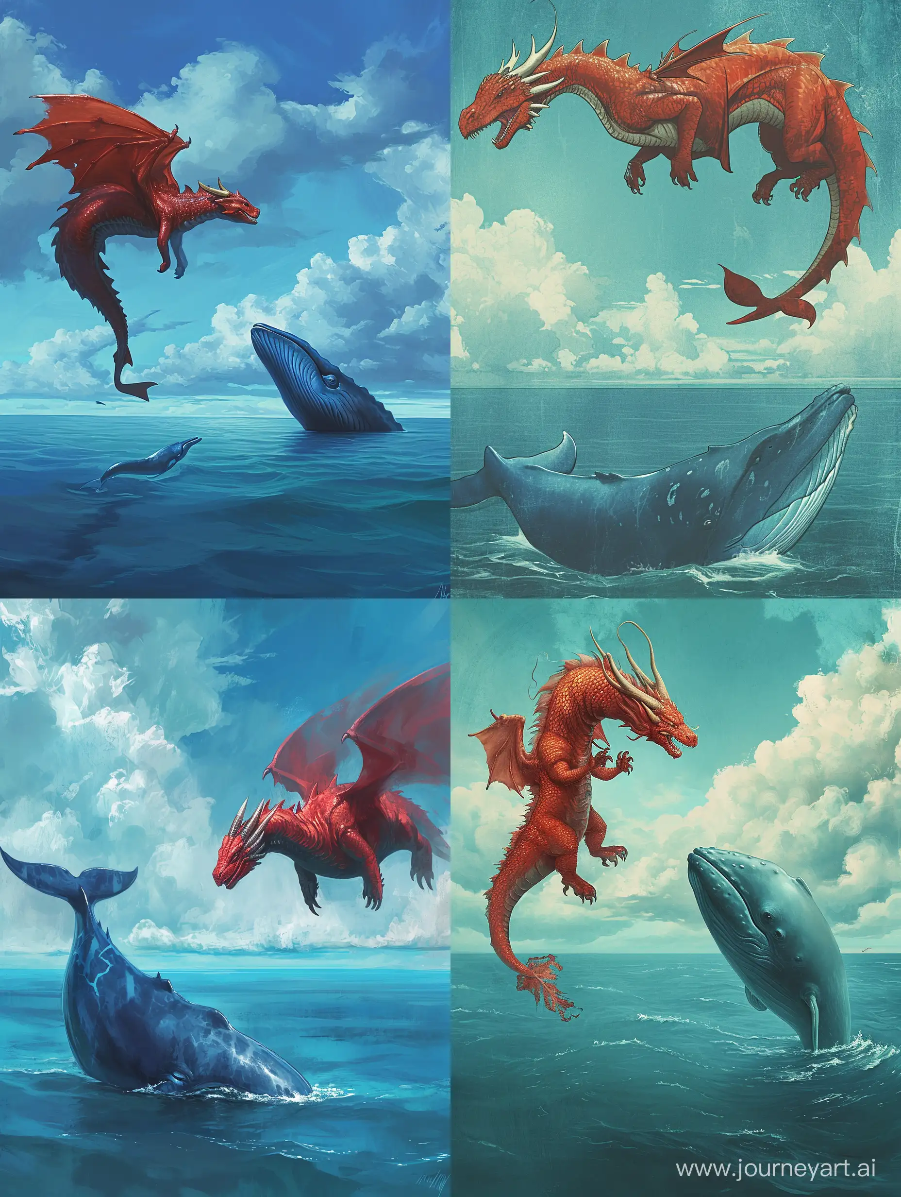 碧蓝天空中有一条温和且霸气的红色的蛟龙，正在和海天一线的平静的海洋里一条蓝色的蓝鲸对话