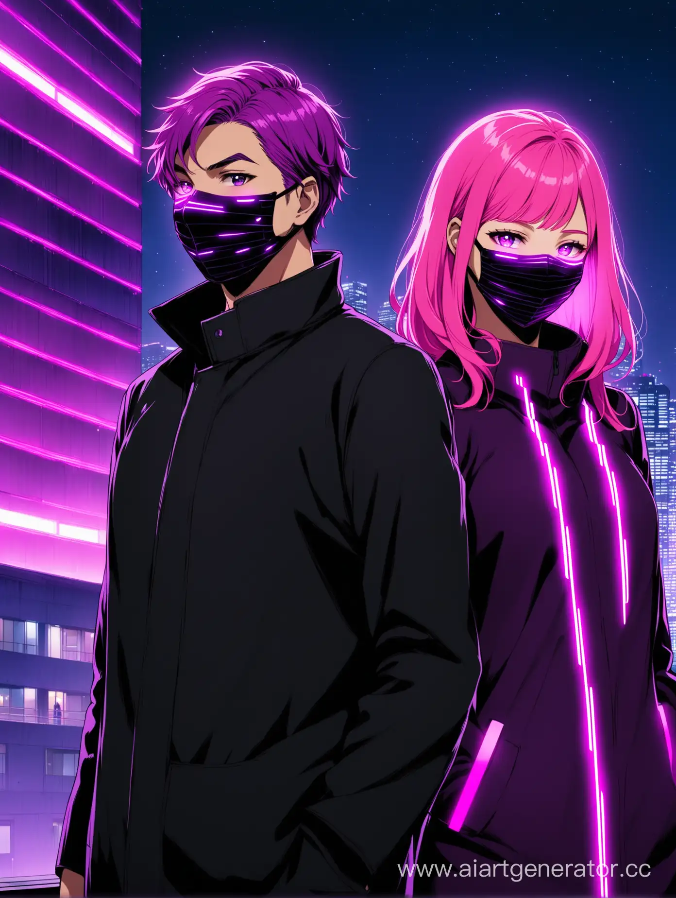 Glowing-PinkHaired-Couple-in-Radiant-Purple-Masks-by-Urban-Building