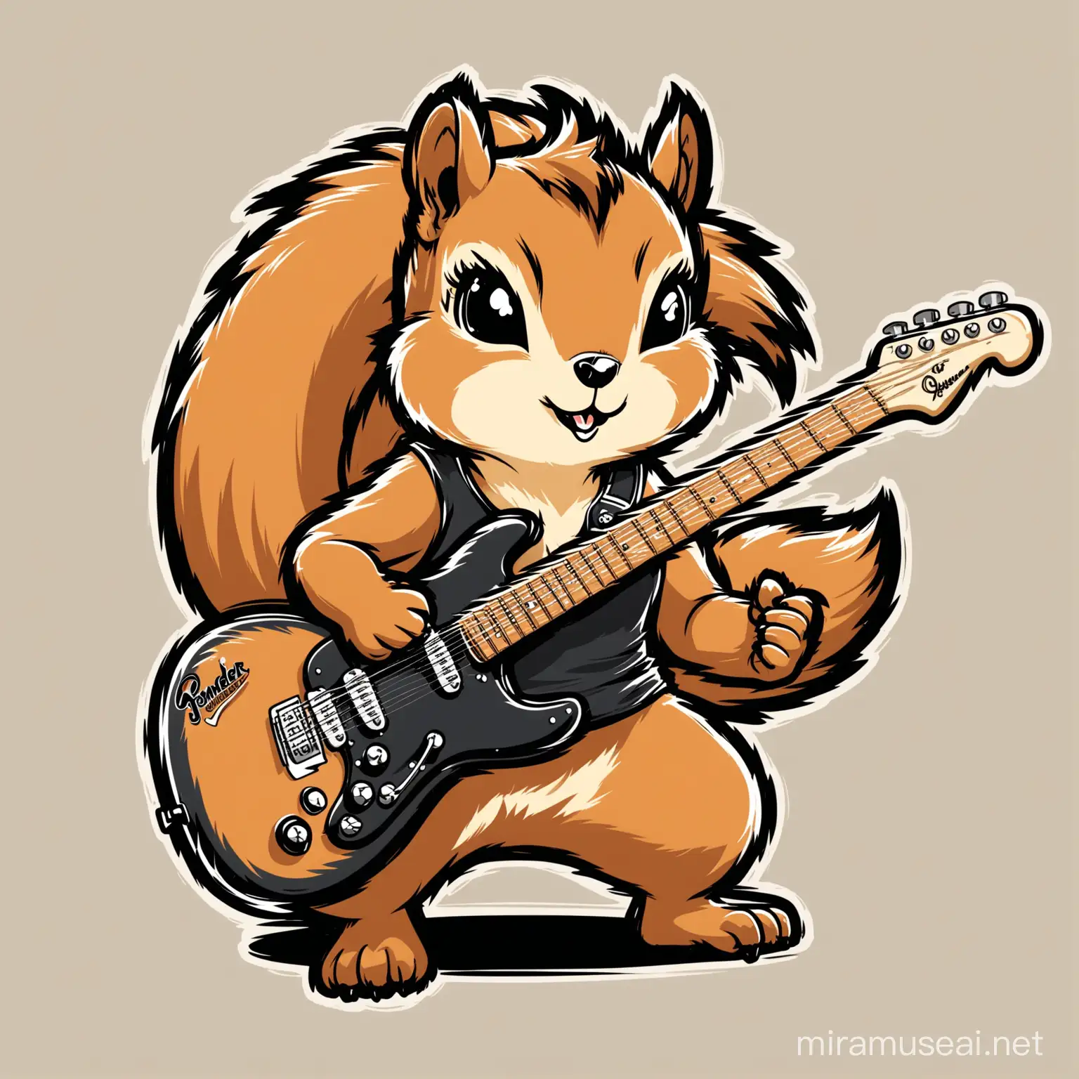 squirrel in a metal band in the style of queen of the stone age , drawing, cartoon style, metalhead, guitar, fender, squirell plaing guitar, metalhead squirell, queen of the stone age artwork, queen of the stone age, blank background, logo, stickers