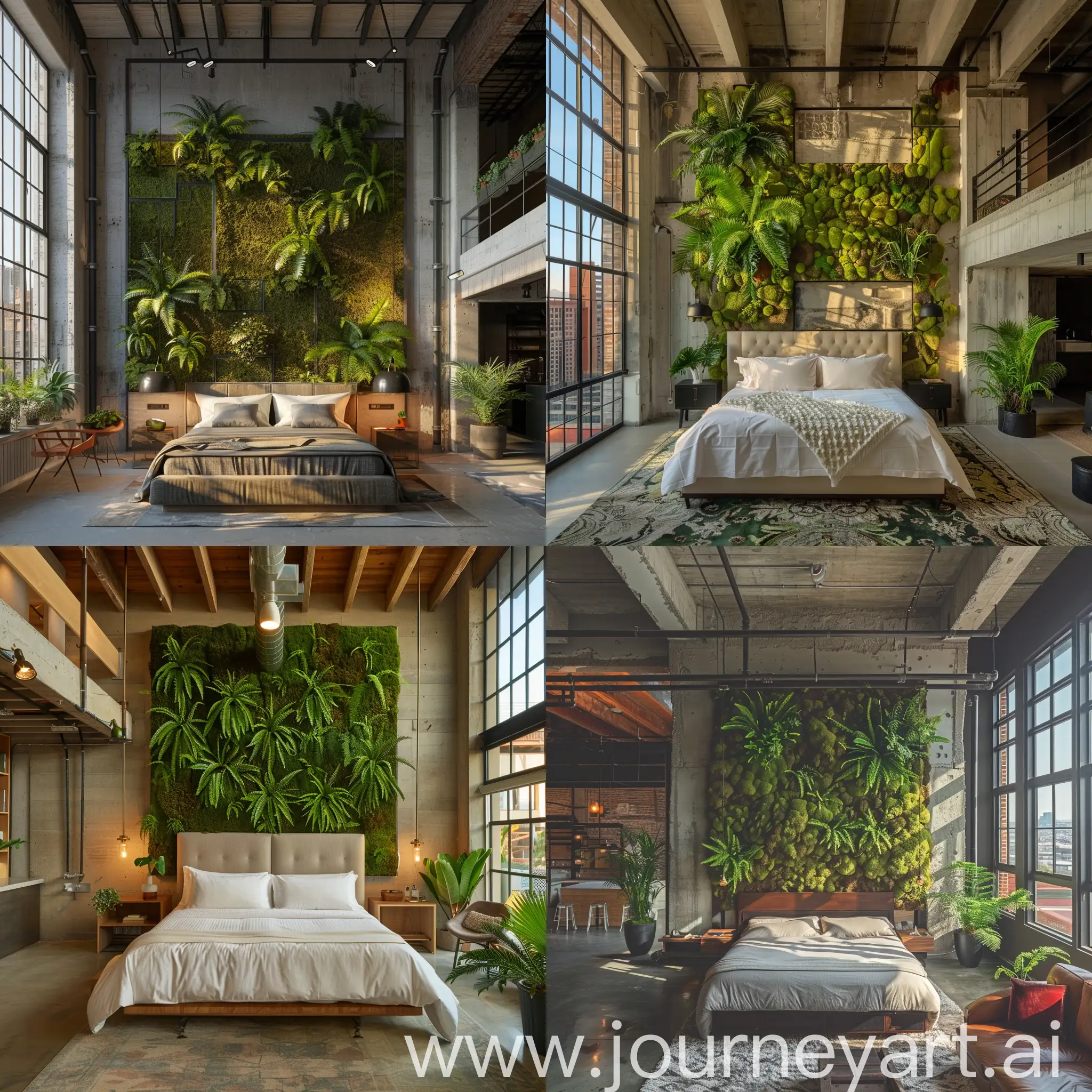 Luxurious-Loft-Bedroom-with-High-Ceilings-and-Natural-Greenery-Wall