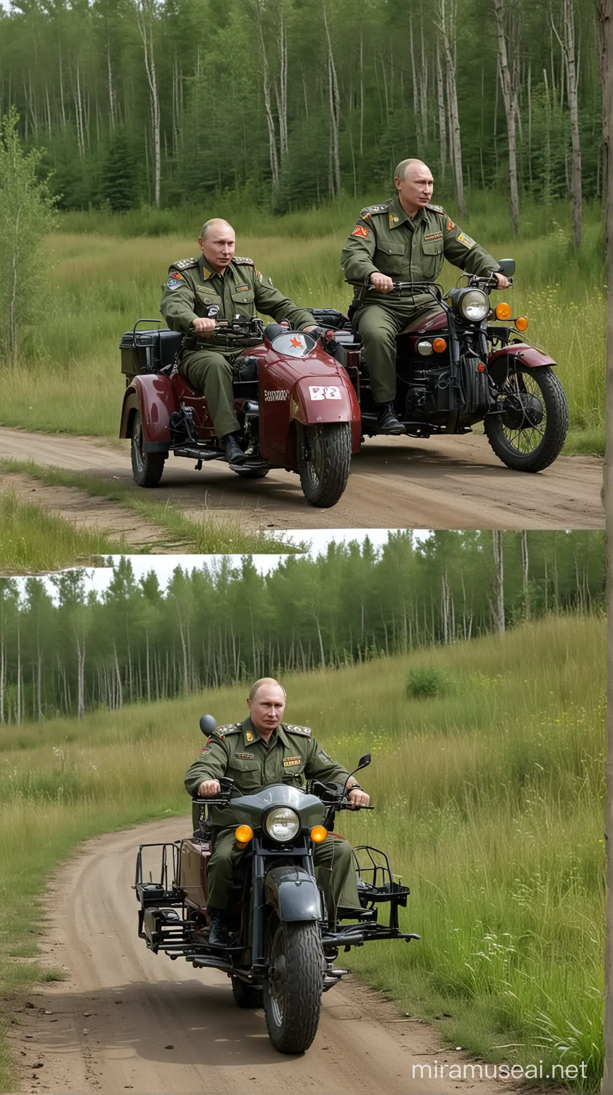 62 years old real face putin , soviet militarypolice  uniform driving low Sidecar three wheeled motorcycle ,his hands farway from motorcycle handler,hands in air to shaking ,8k,in forest aroud super higher grass, left 2 wheels on ground 75 degree angles, right wheel hang on air, 