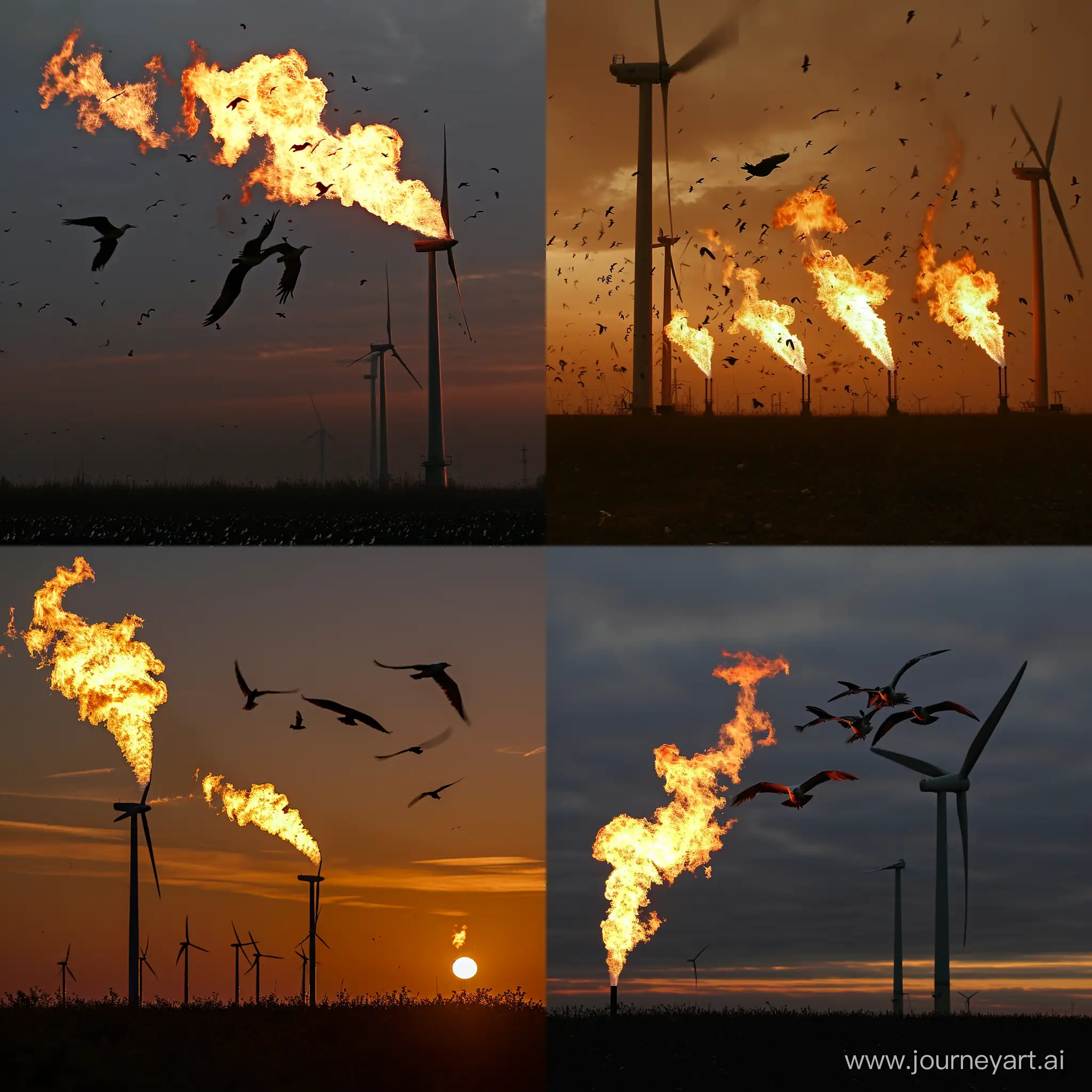 Graceful-Dance-of-Gas-Flares-and-Wind-Turbines-Amidst-Soaring-Birds