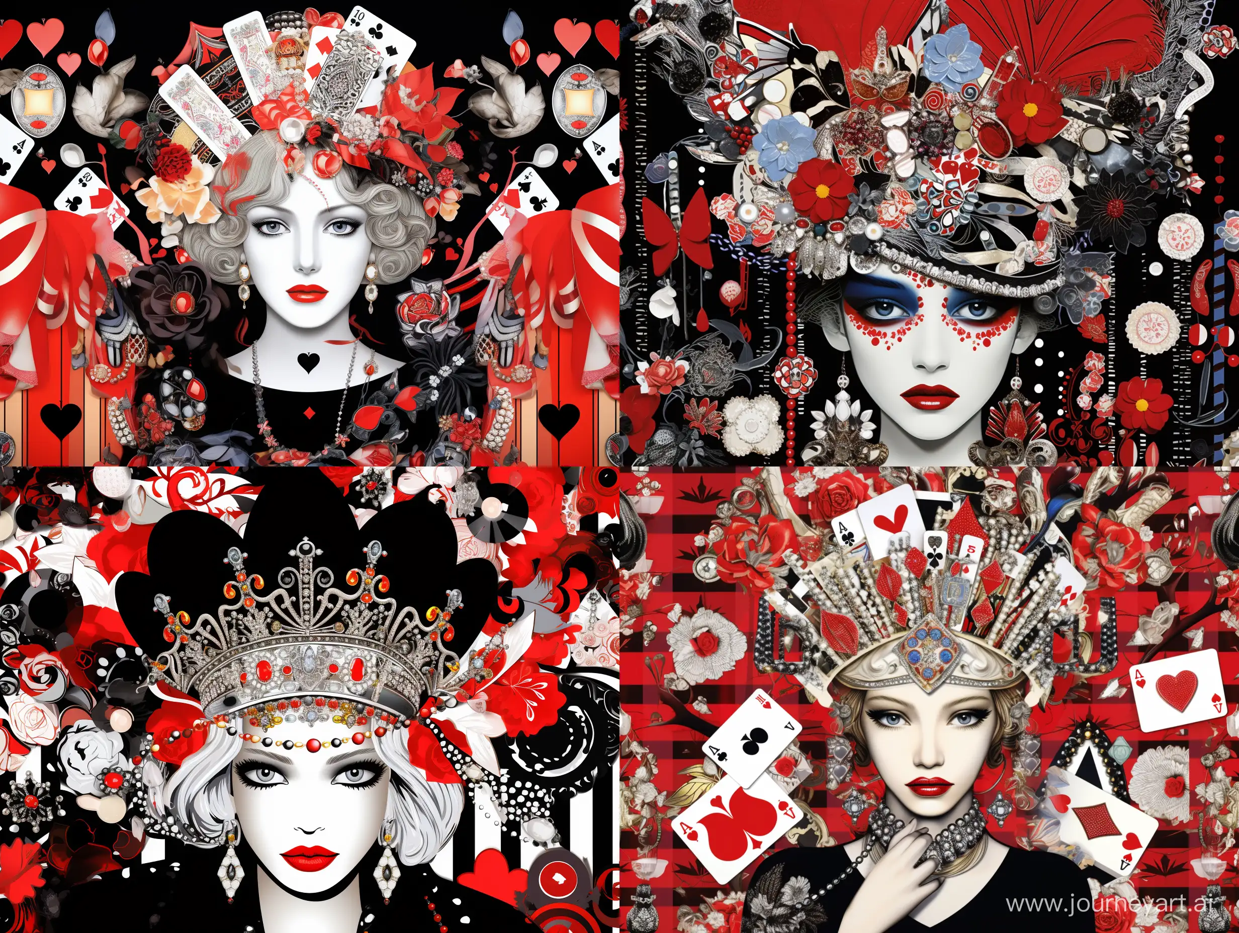 Portrait of Nina Ricci, with decorations from Ricci, a crown on her head, many details, complex, on the background of a pattern of fashionable accessories, colors black, white, red, gray, caricature, cartoon style, pop art style, fashion illustration style